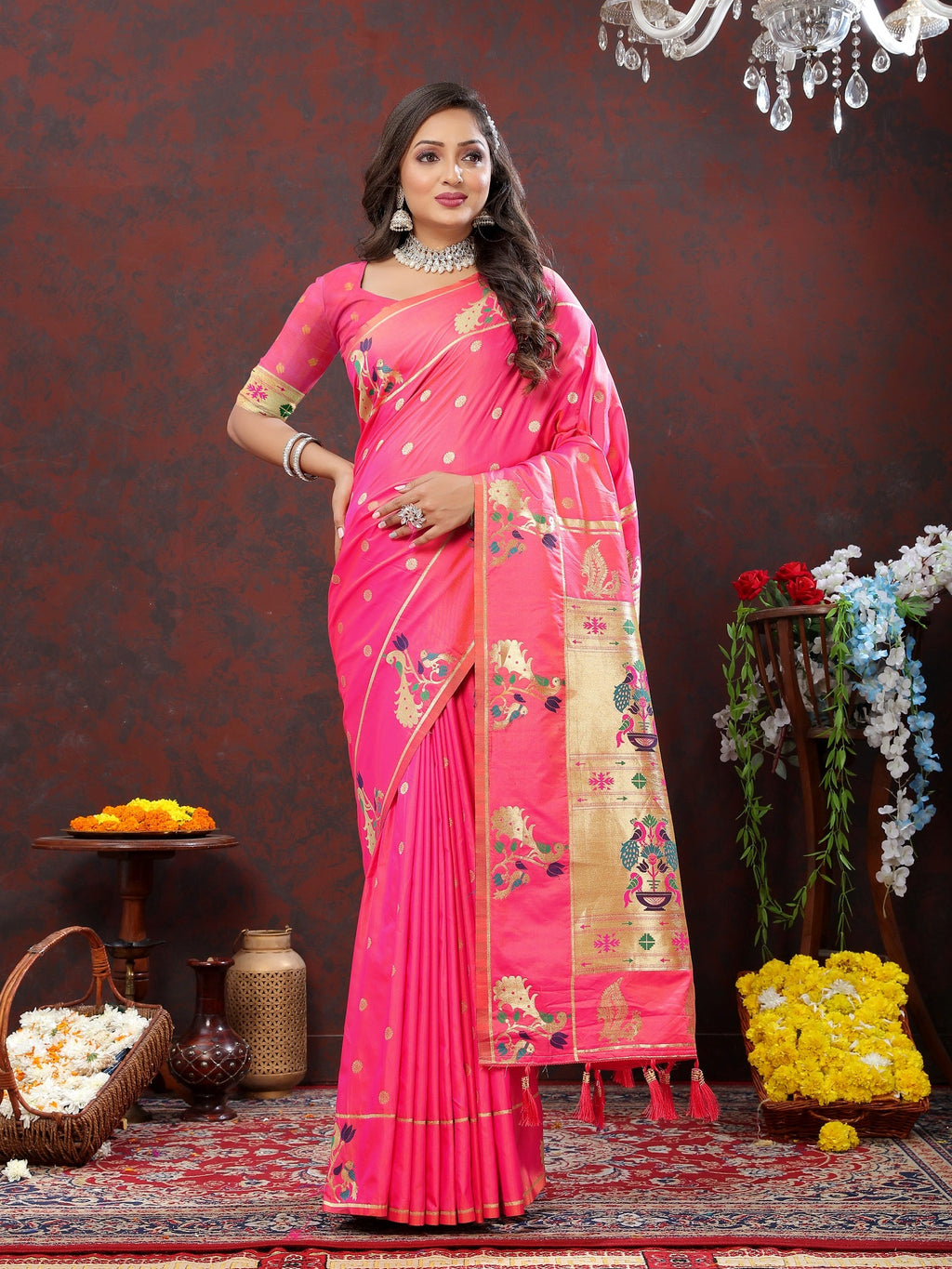 Vedant Vastram Pink Color Paithani Silk Saree - Pink