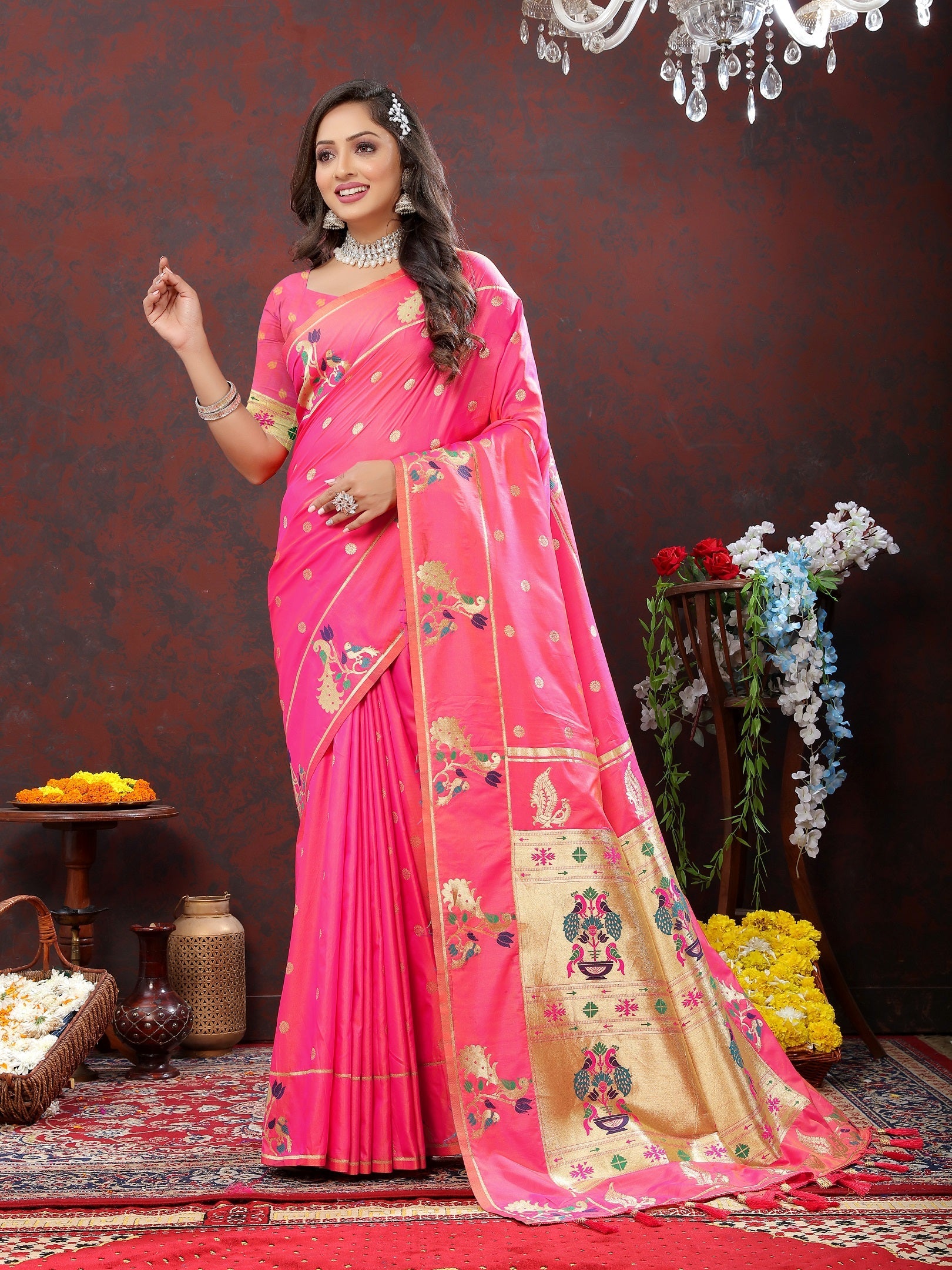 Vedant Vastram Pink Color Paithani Silk Saree - Pink