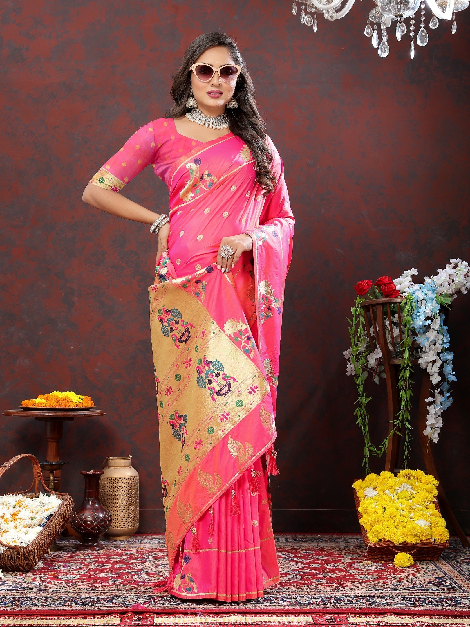 Vedant Vastram Pink Color Paithani Silk Saree - Pink
