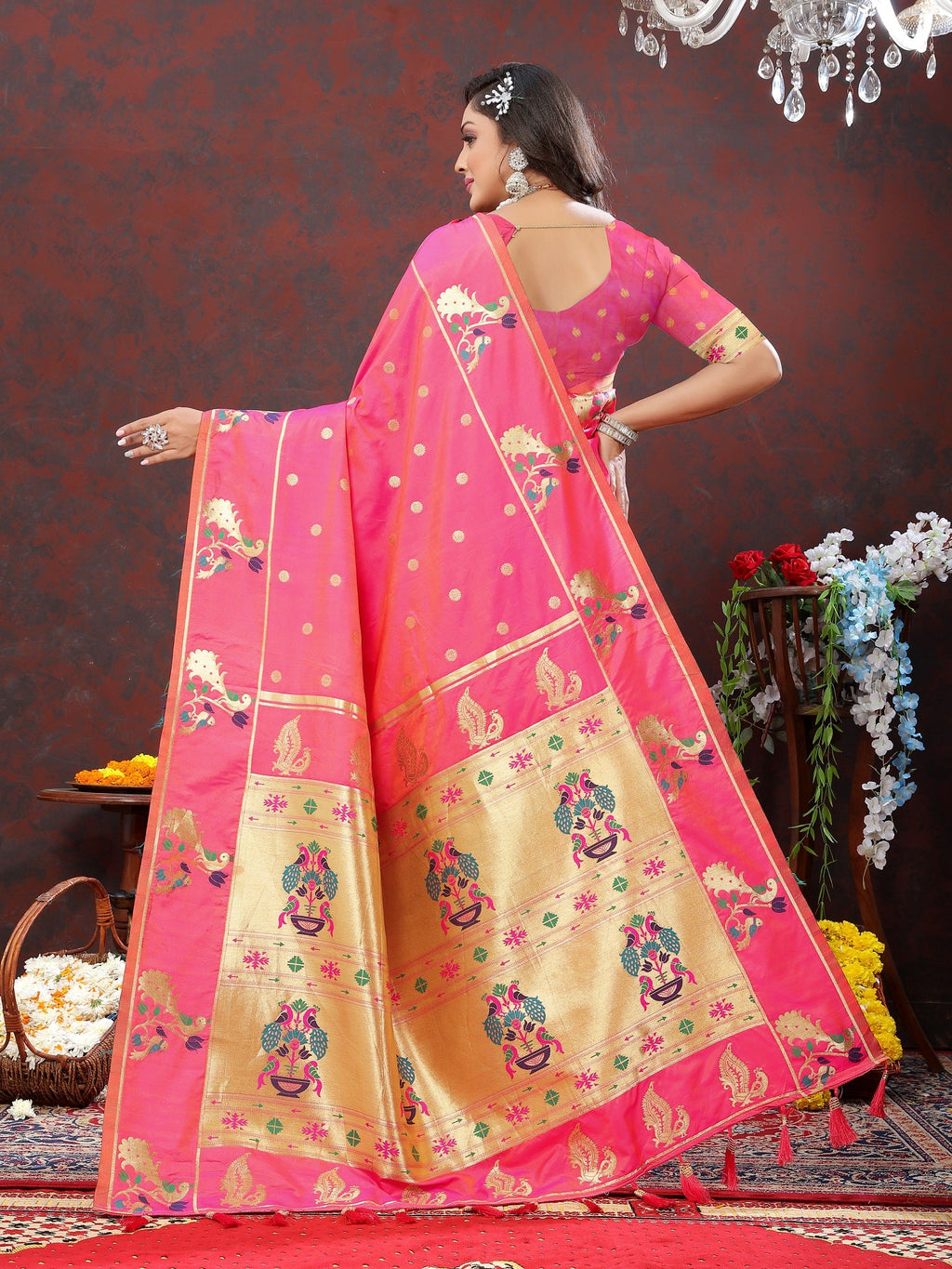 Vedant Vastram Pink Color Paithani Silk Saree - Pink