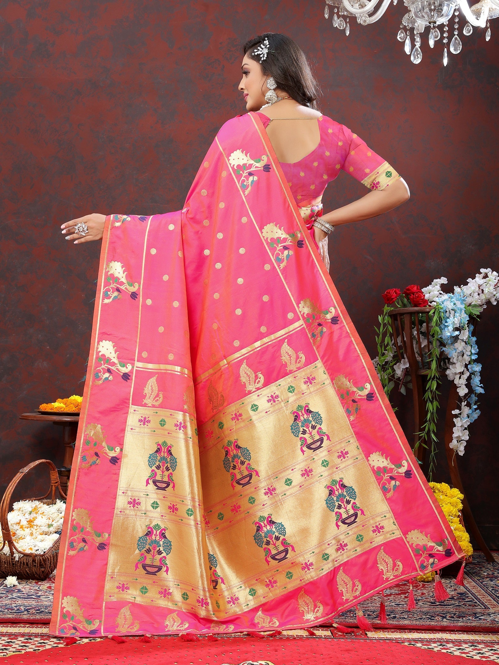 Vedant Vastram Pink Color Paithani Silk Saree - Pink
