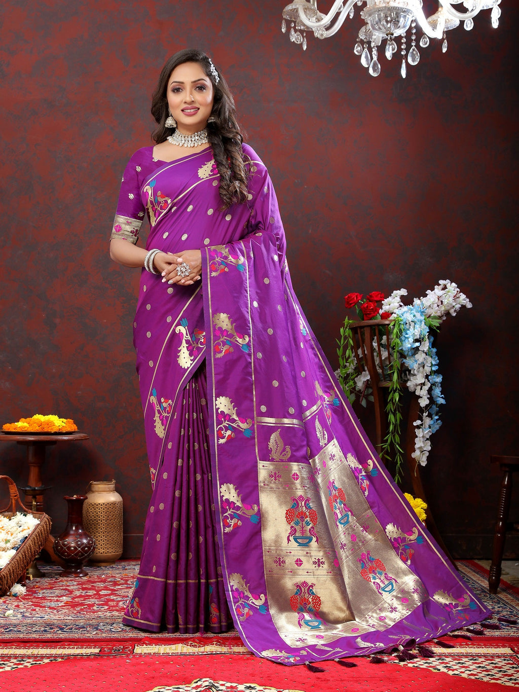 Vedant Vastram Purple Color Paithani Silk Saree - Purple