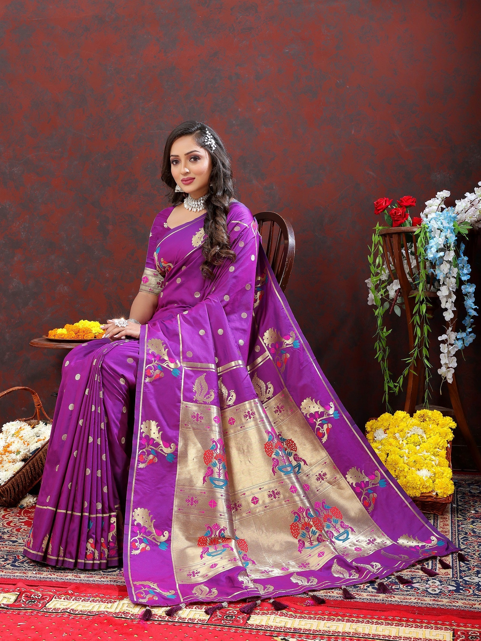 Vedant Vastram Purple Color Paithani Silk Saree - Purple