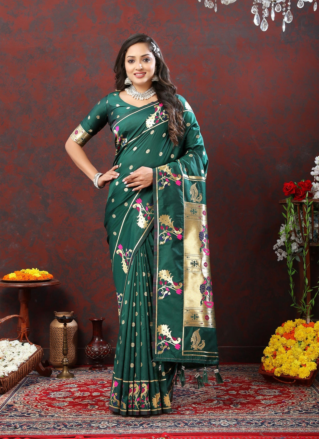 Vedant Vastram Rama Color Paithani Silk Saree - Rama