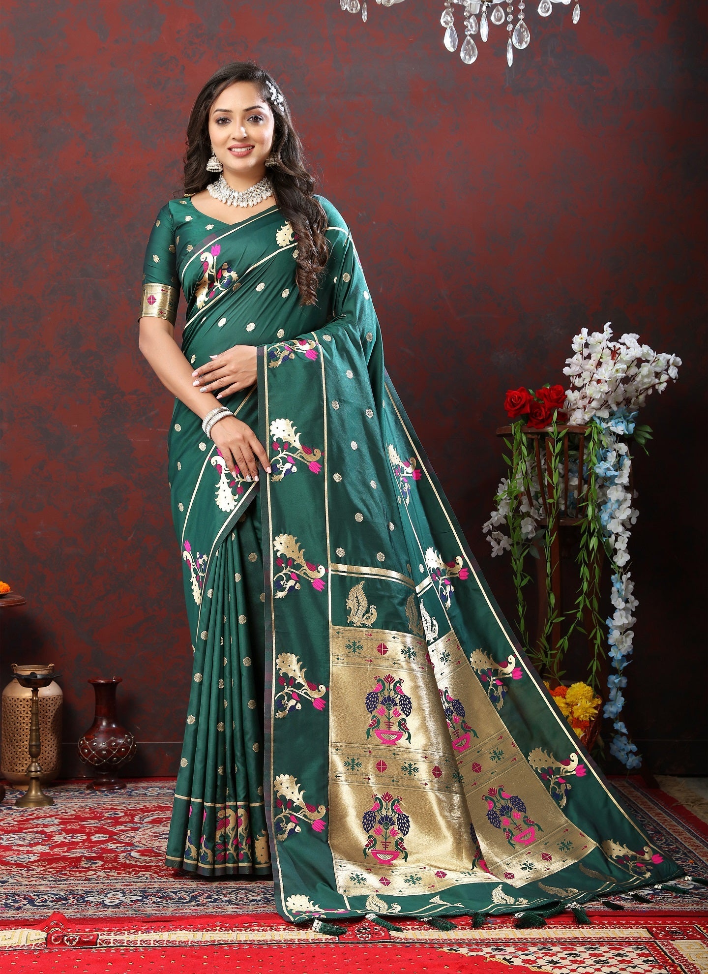 Vedant Vastram Rama Color Paithani Silk Saree - Rama