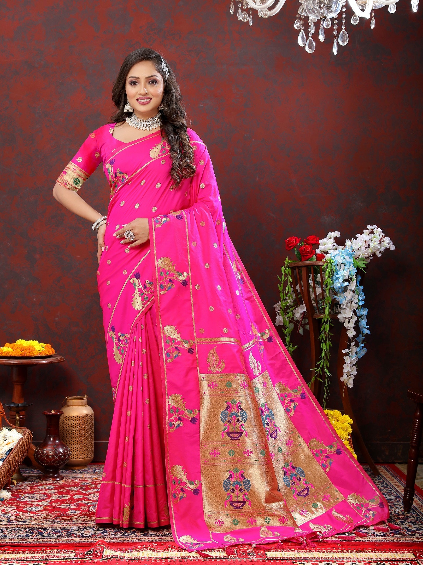 Vedant Vastram Rani Pink Color Paithani Silk Saree - Rani Pink