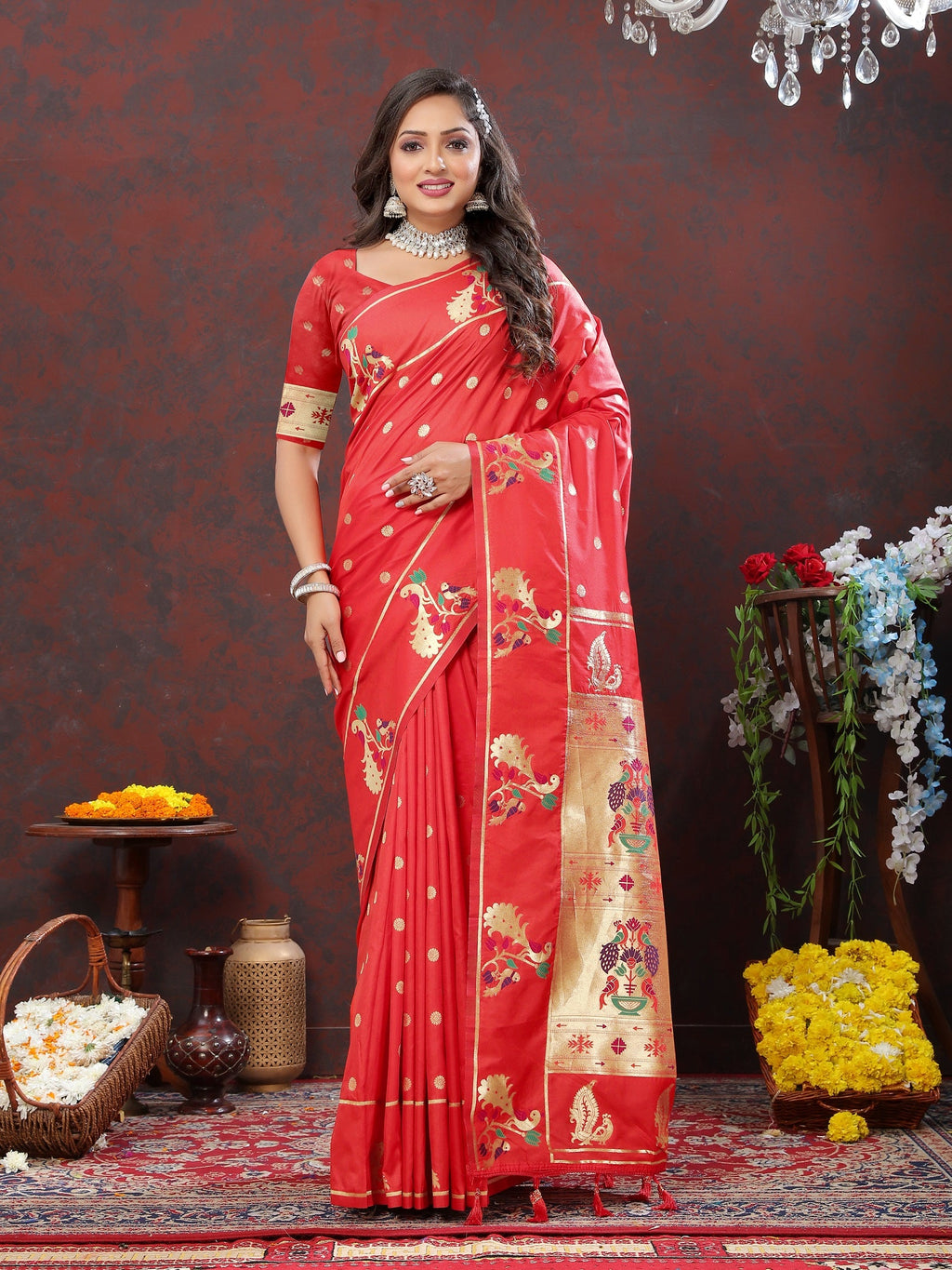 Vedant Vastram Red Color Paithani Silk Saree - Red