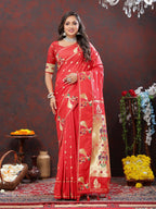 Vedant Vastram Red Color Paithani Silk Saree - Red
