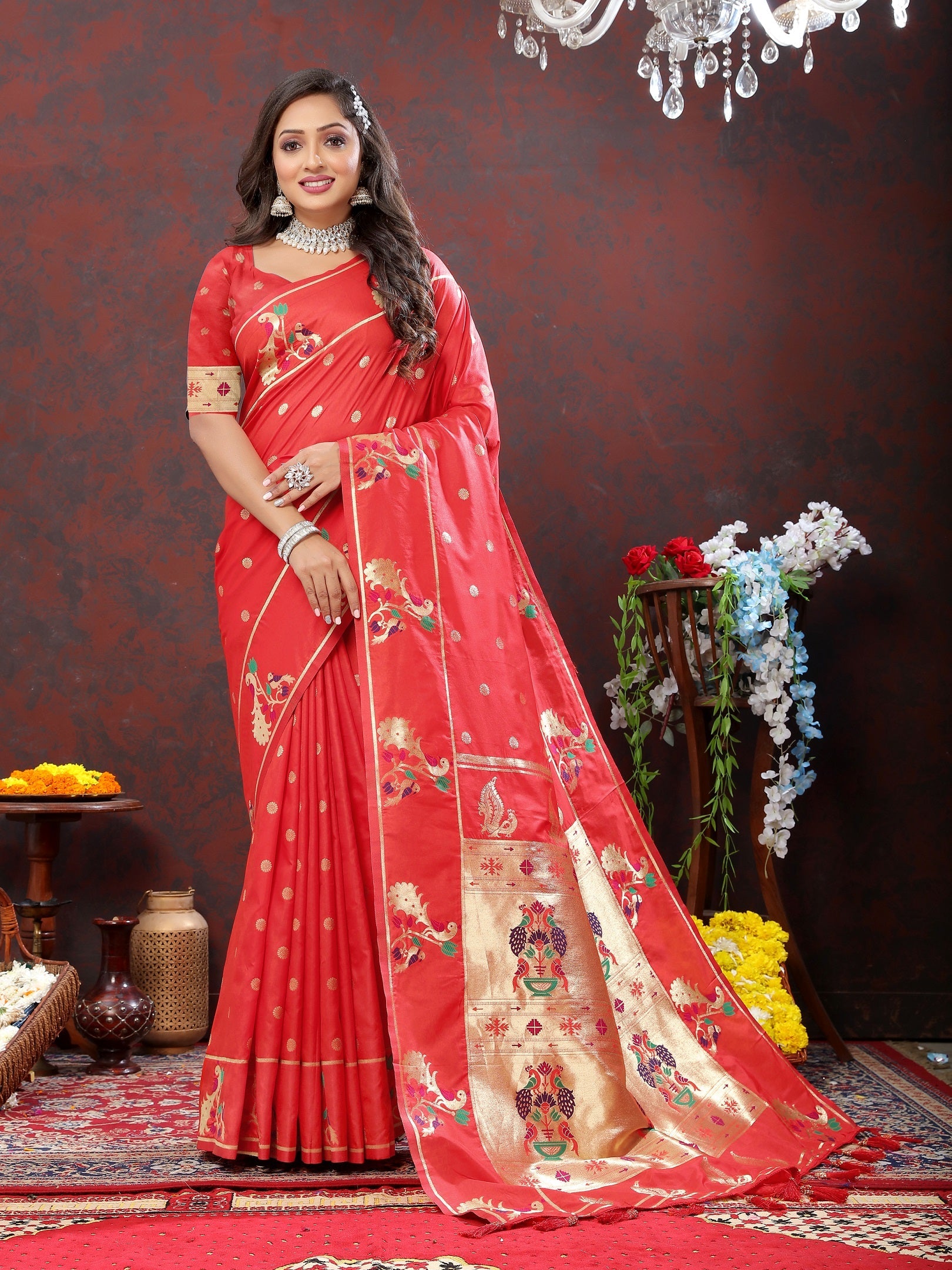 Vedant Vastram Red Color Paithani Silk Saree - Red