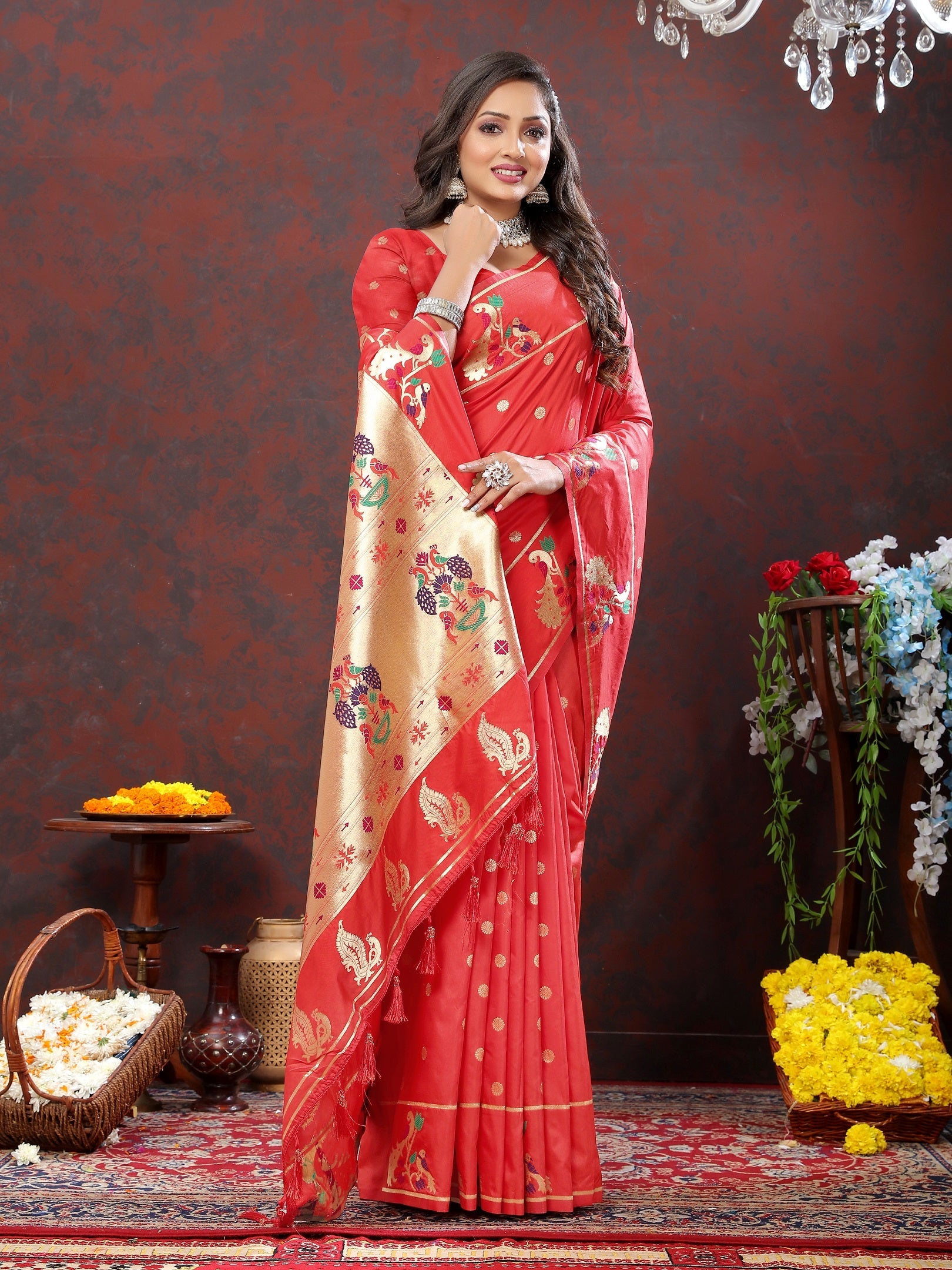 Vedant Vastram Red Color Paithani Silk Saree - Red