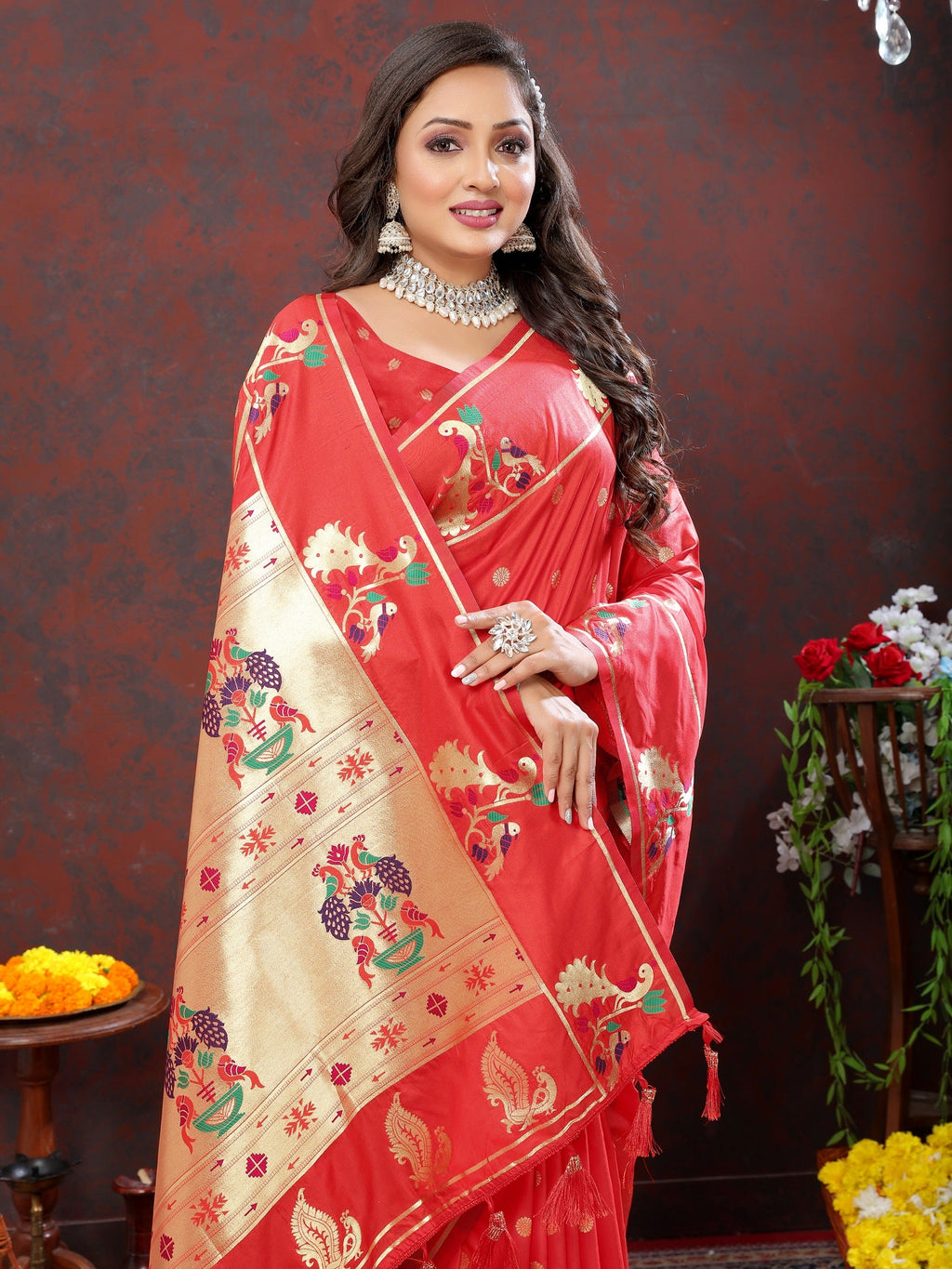 Vedant Vastram Red Color Paithani Silk Saree - Red