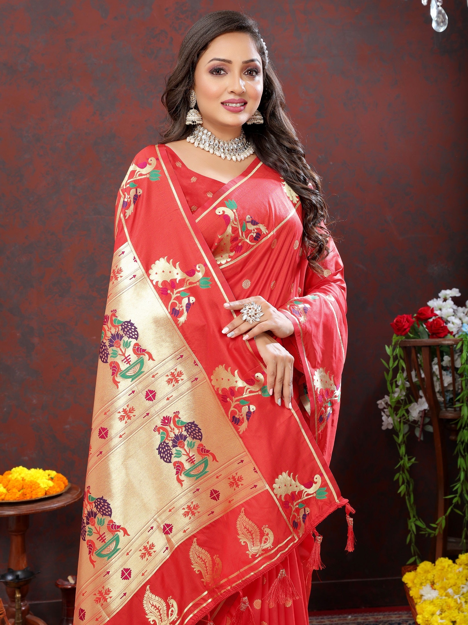 Vedant Vastram Red Color Paithani Silk Saree - Red
