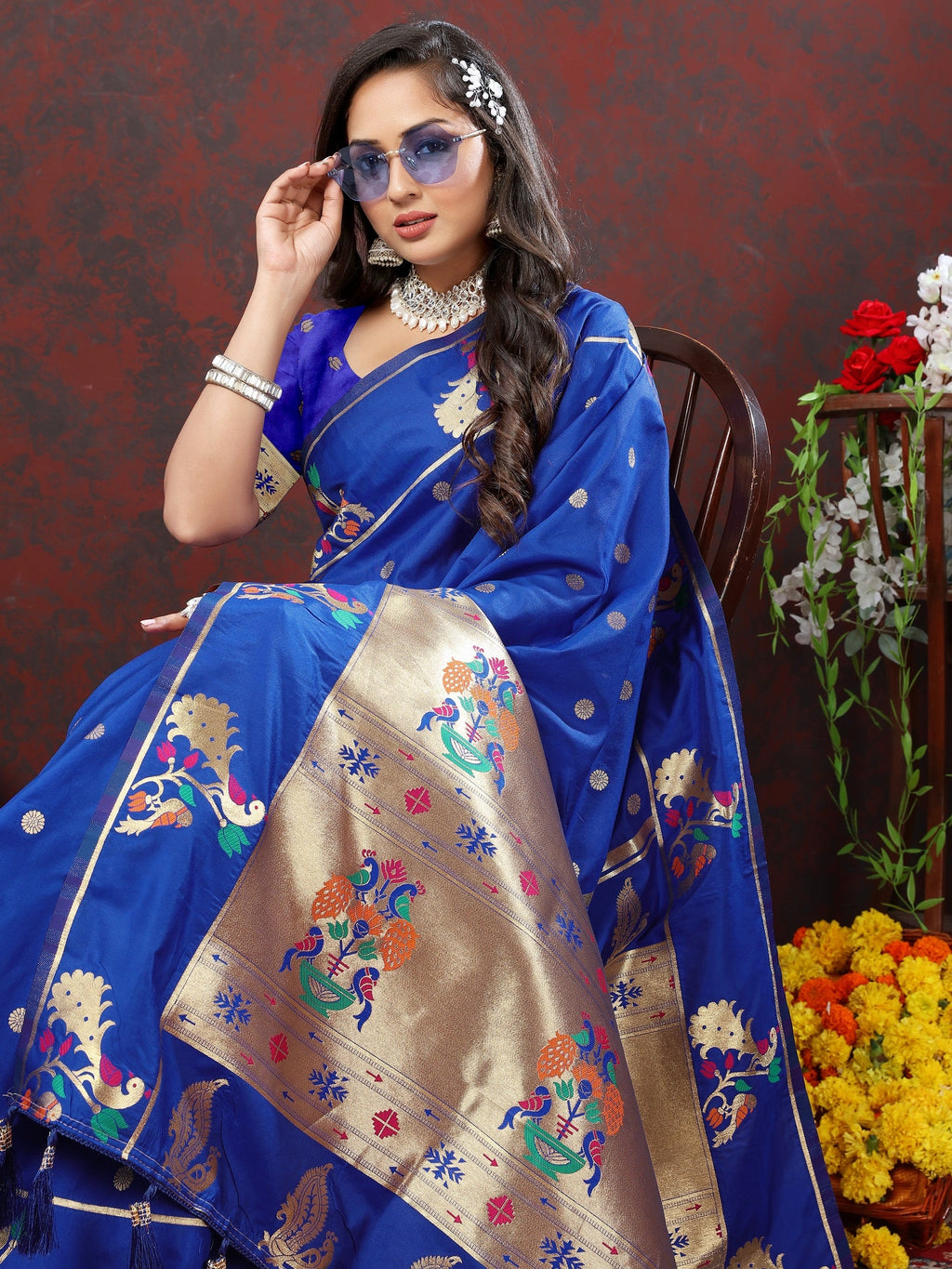 Vedant Vastram Royal Blue Color Paithani Silk Saree - Royal Blue
