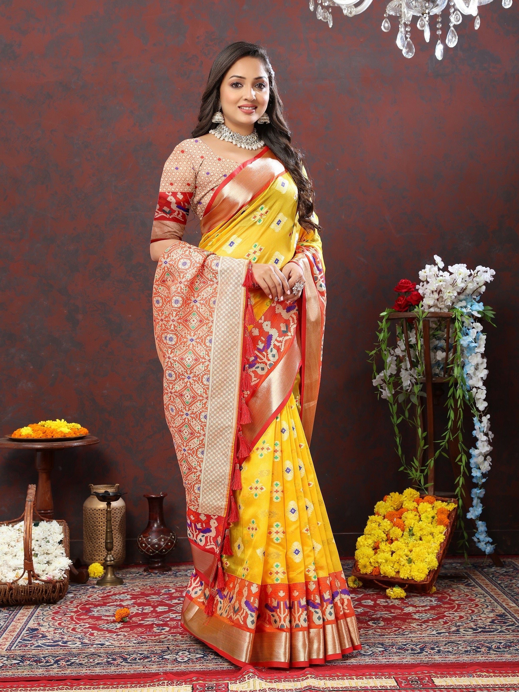 Vedant Vastram Mustard Color Kanjeevaram Patola Silk Saree - Mustard