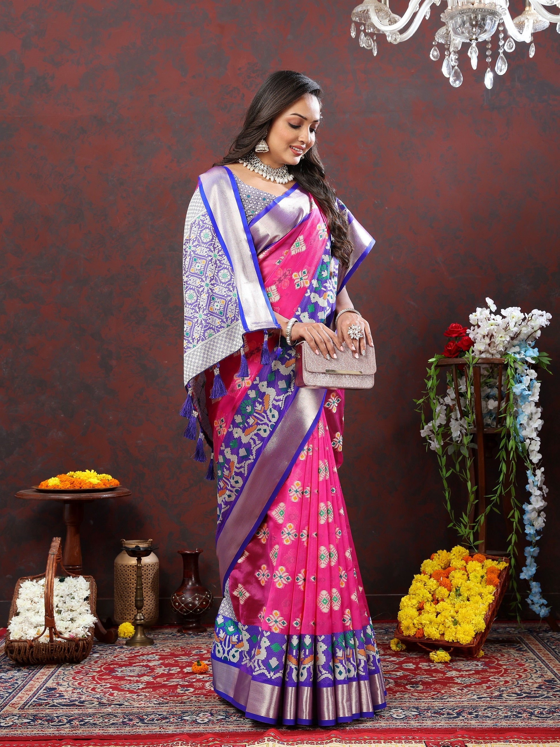 Vedant Vastram Rani Pink Color Kanjeevaram Patola Silk Saree - Rani Pink