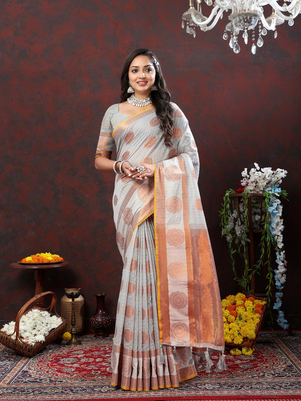 Vedant Vastram Grey Color Kanjeevaram Cotton Silk Saree - Grey