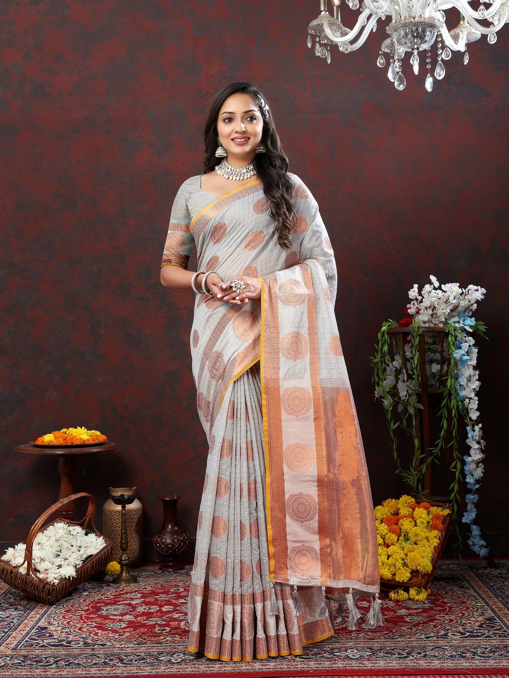 Vedant Vastram Grey Color Kanjeevaram Cotton Silk Saree - Grey