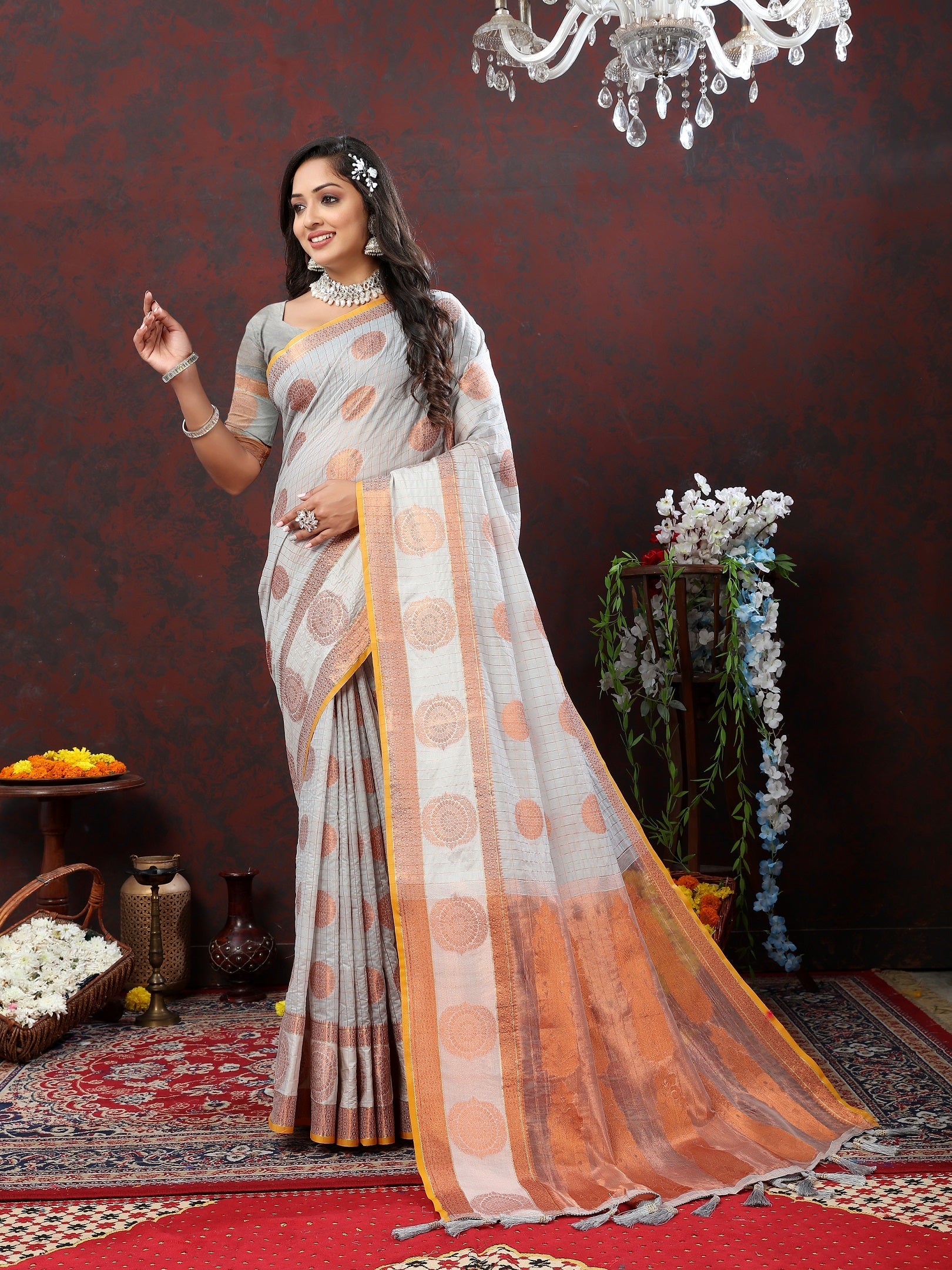 Vedant Vastram Grey Color Kanjeevaram Cotton Silk Saree - Grey