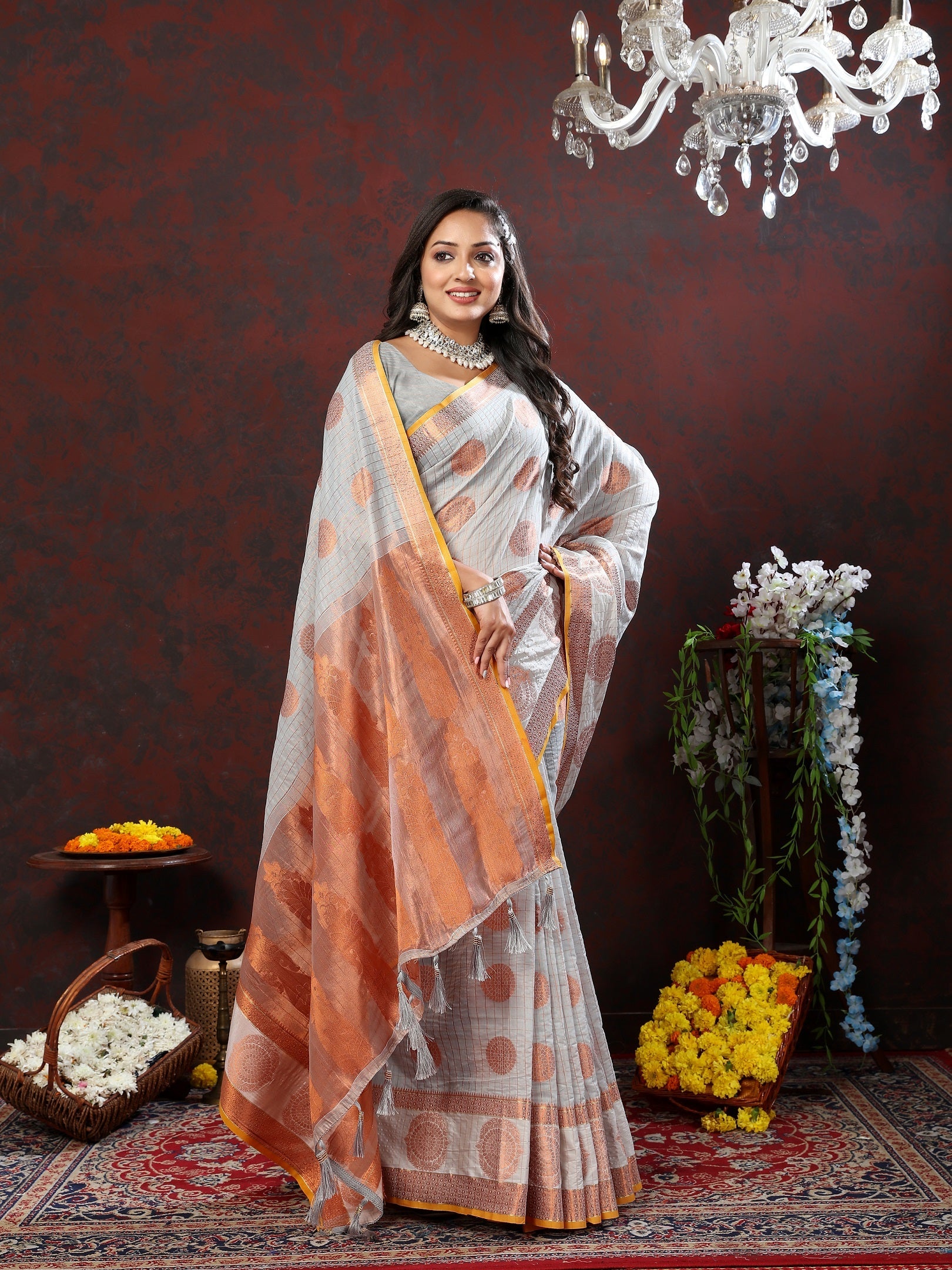 Vedant Vastram Grey Color Kanjeevaram Cotton Silk Saree - Grey