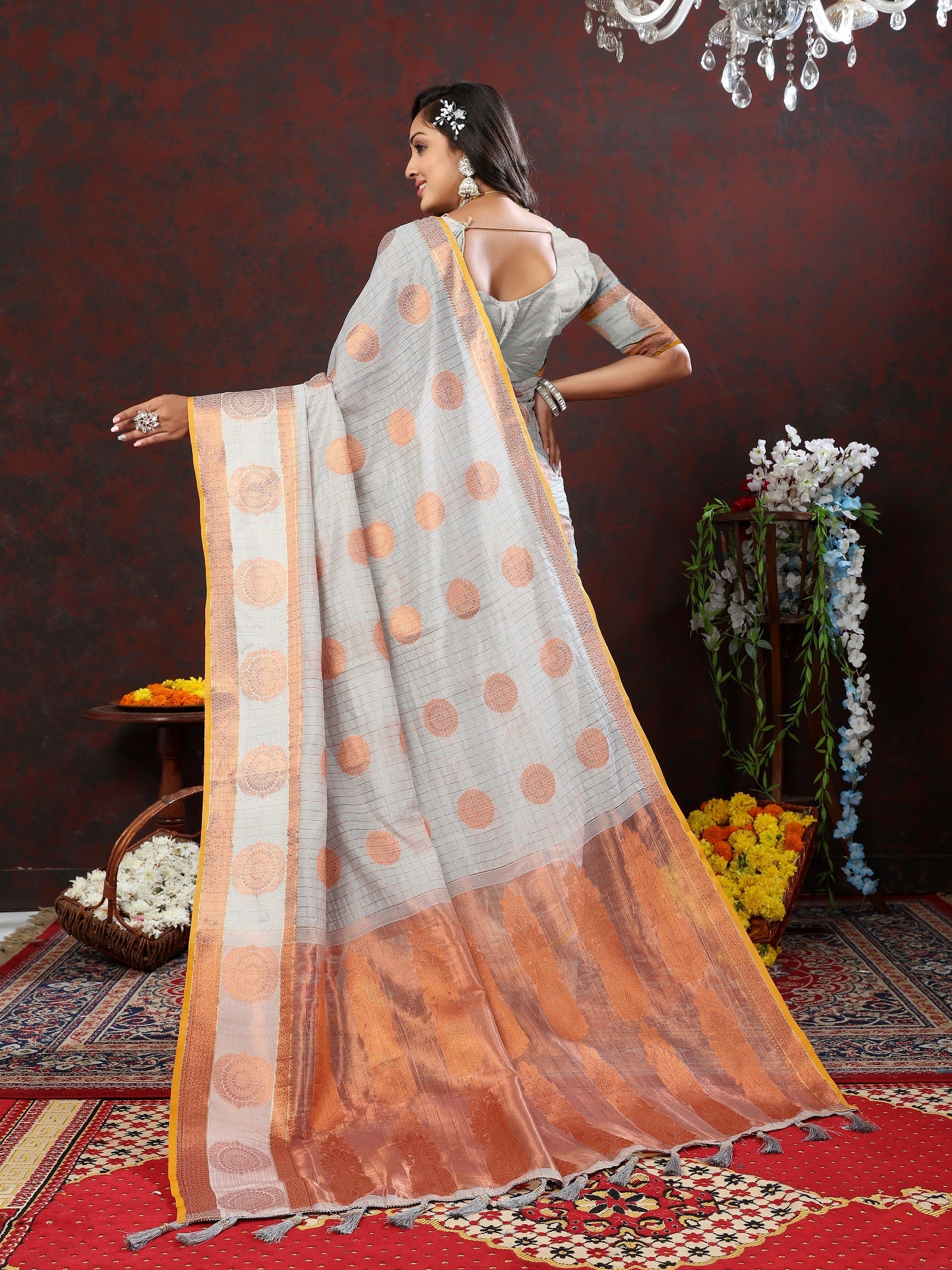 Vedant Vastram Grey Color Kanjeevaram Cotton Silk Saree - Grey