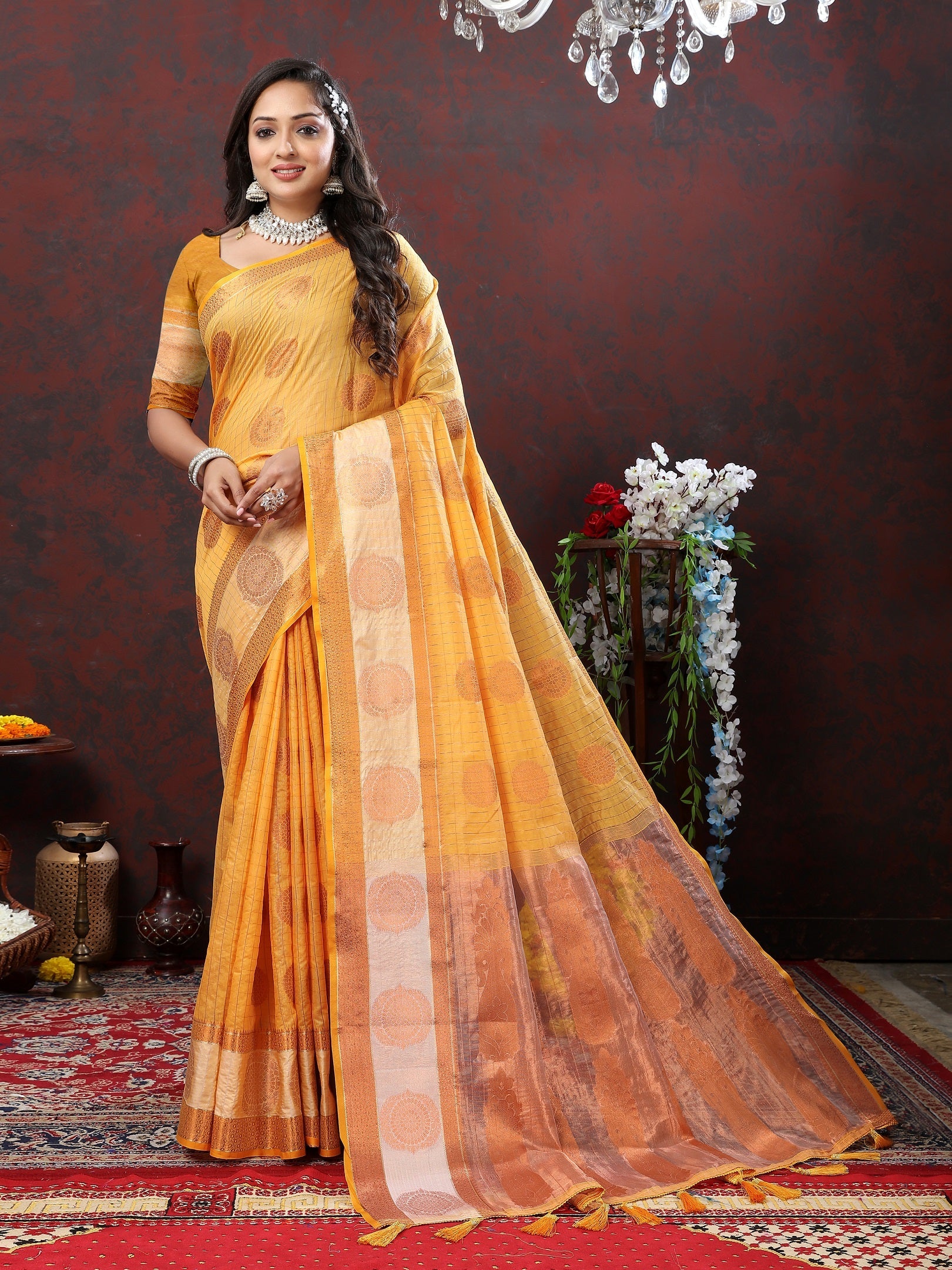 Vedant Vastram Mustard Color Kanjeevaram Cotton Silk Saree - Mustard