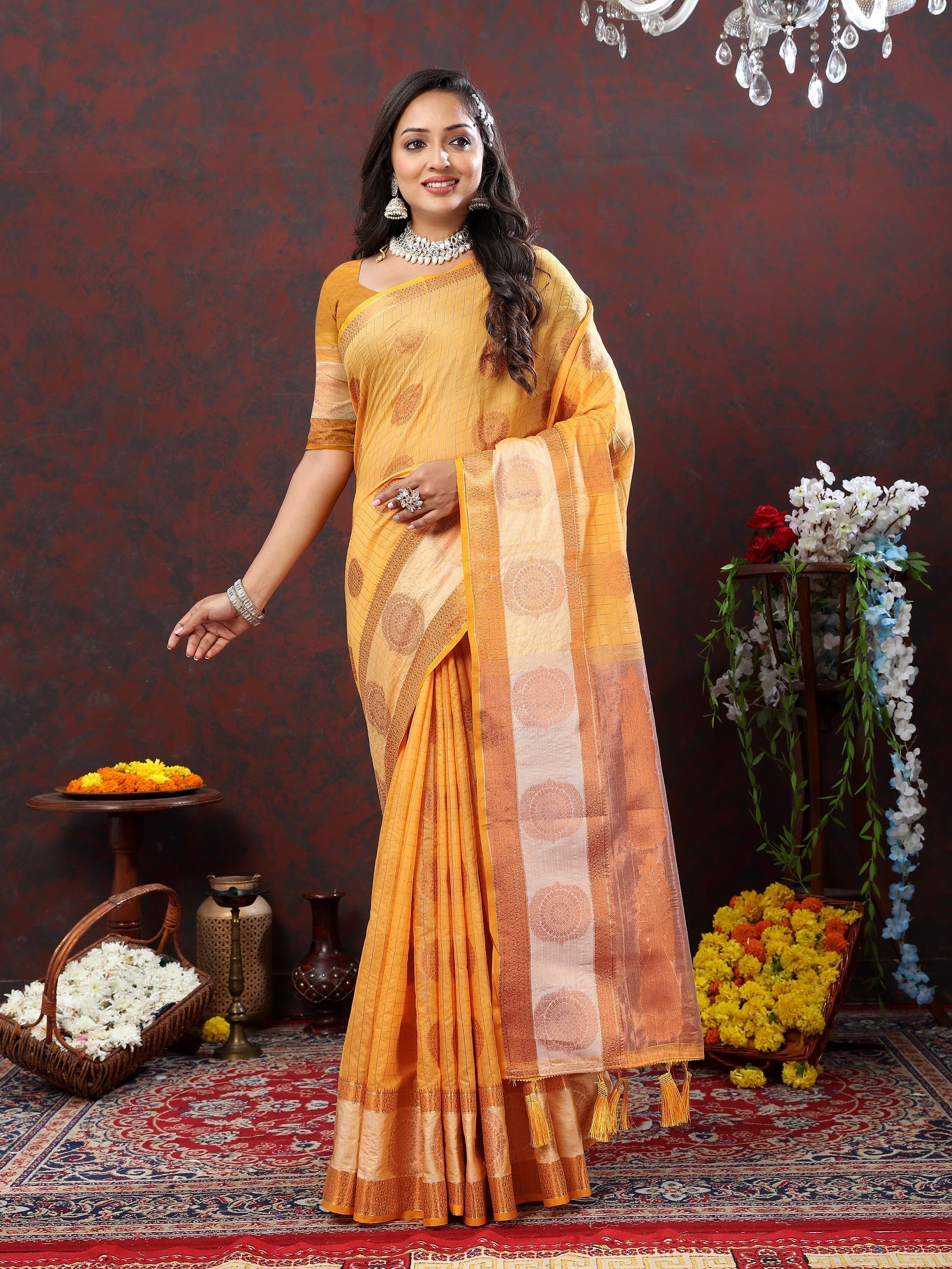 Vedant Vastram Mustard Color Kanjeevaram Cotton Silk Saree - Mustard