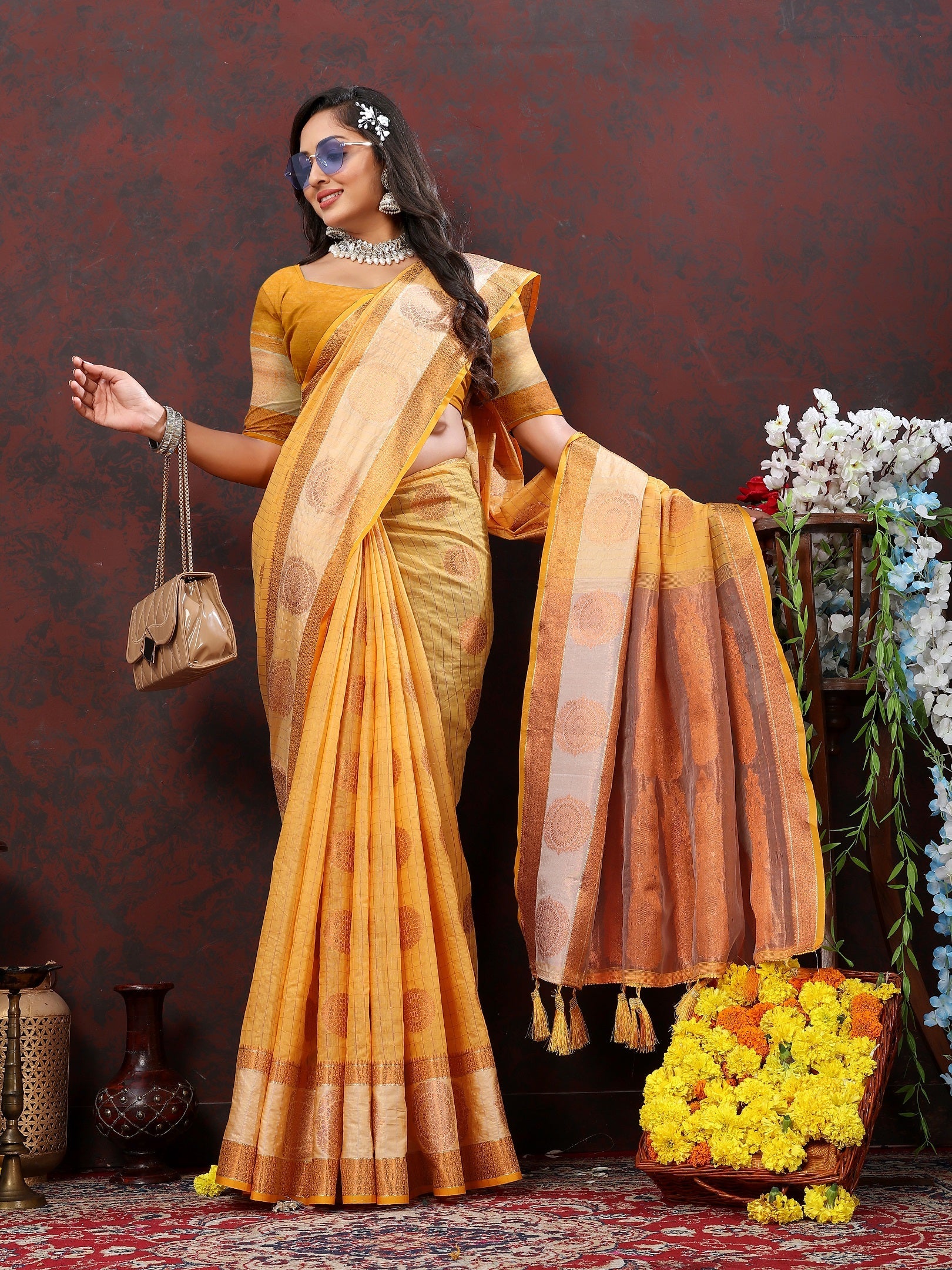 Vedant Vastram Mustard Color Kanjeevaram Cotton Silk Saree - Mustard