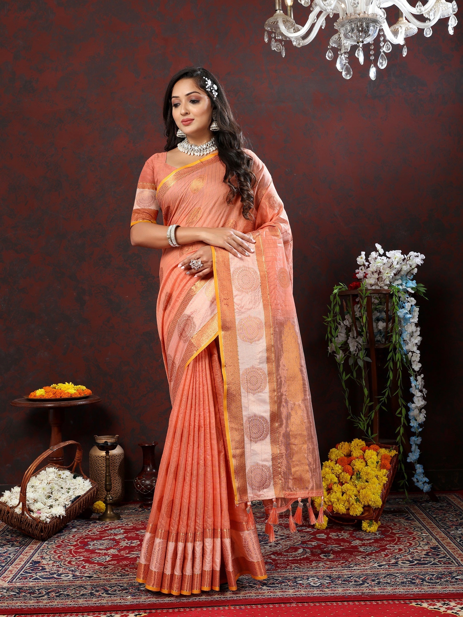 Vedant Vastram Peach Color Kanjeevaram Cotton Silk Saree - Peach