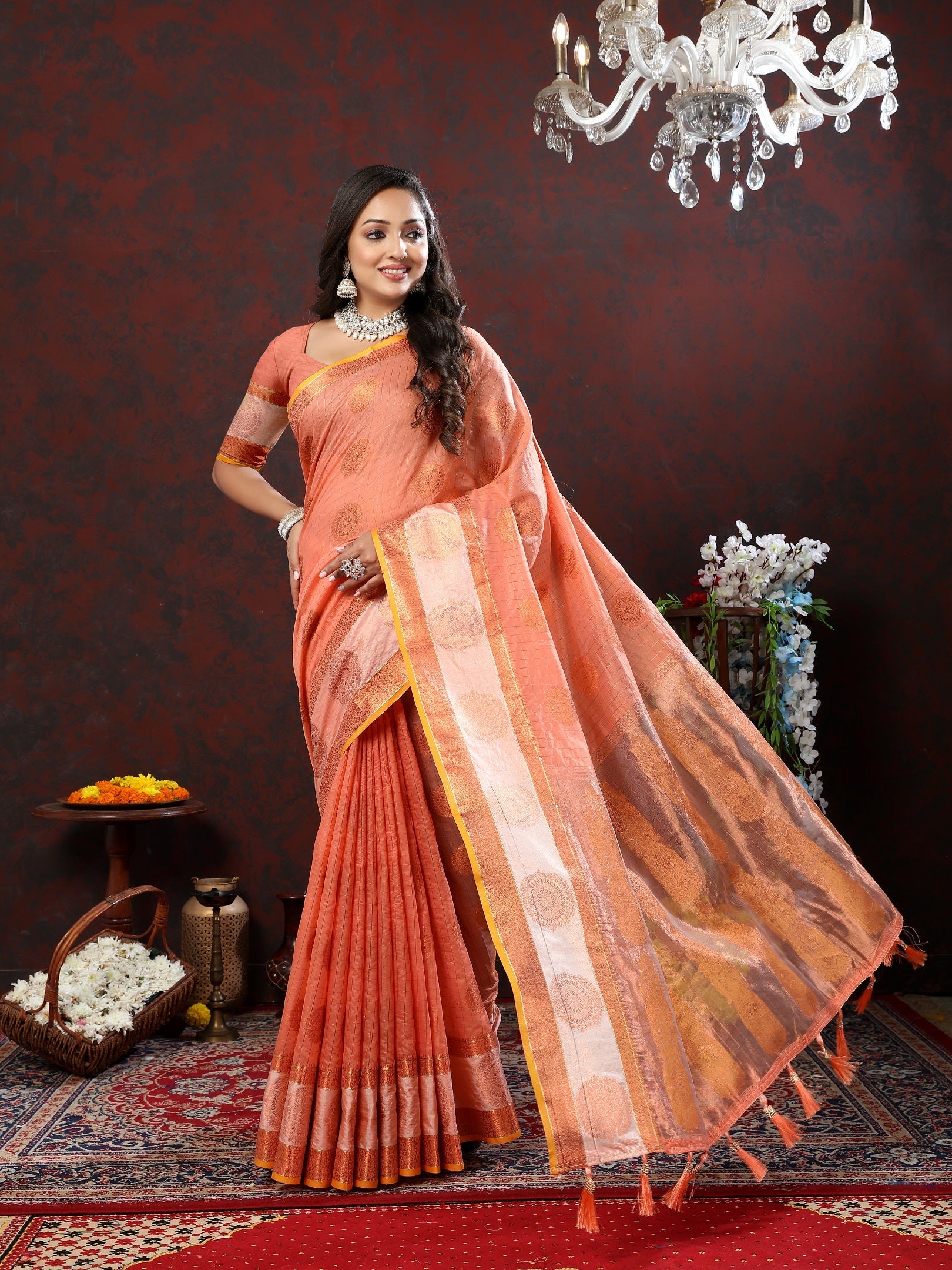 Vedant Vastram Peach Color Kanjeevaram Cotton Silk Saree - Peach