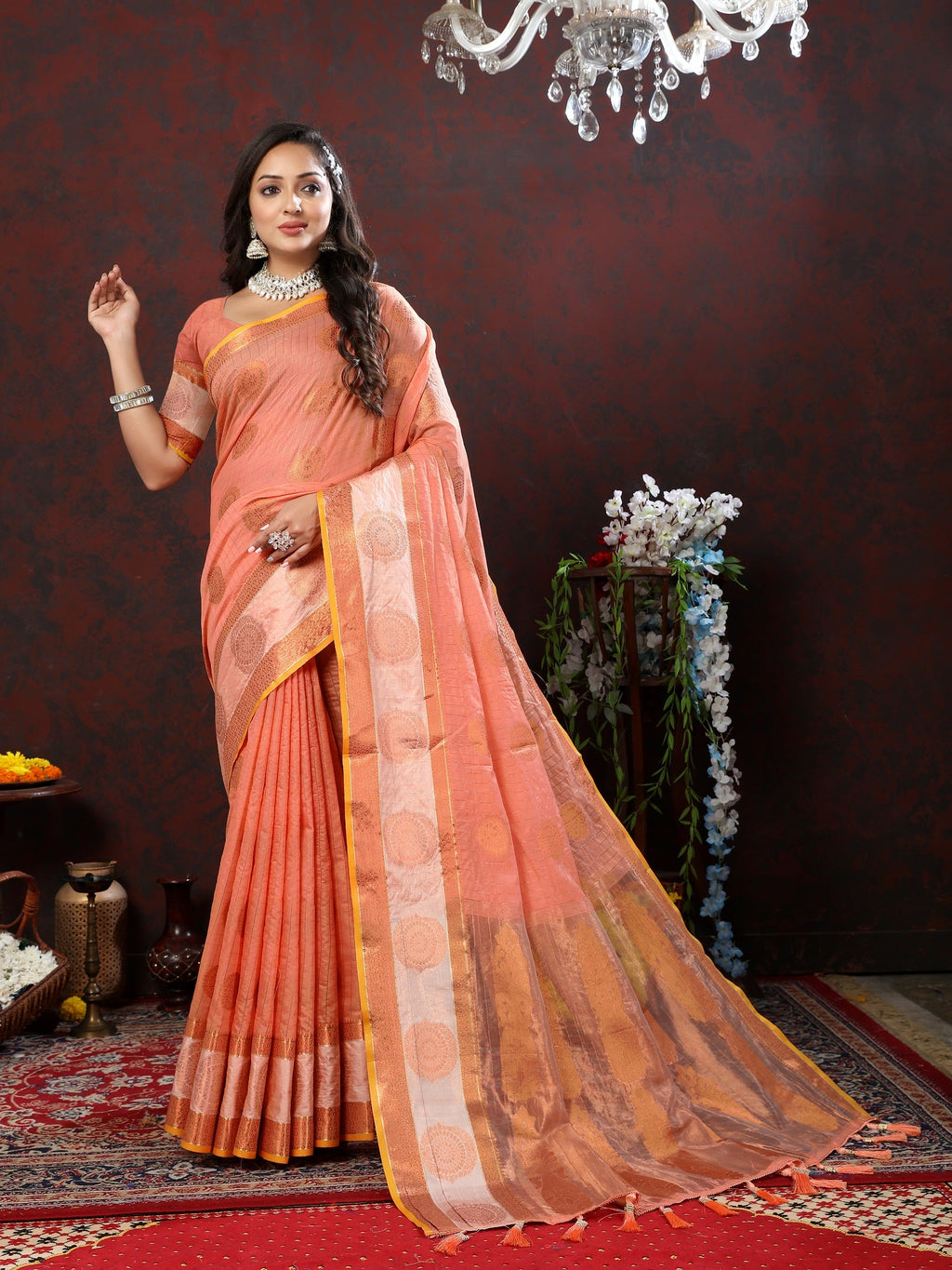 Vedant Vastram Peach Color Kanjeevaram Cotton Silk Saree - Peach