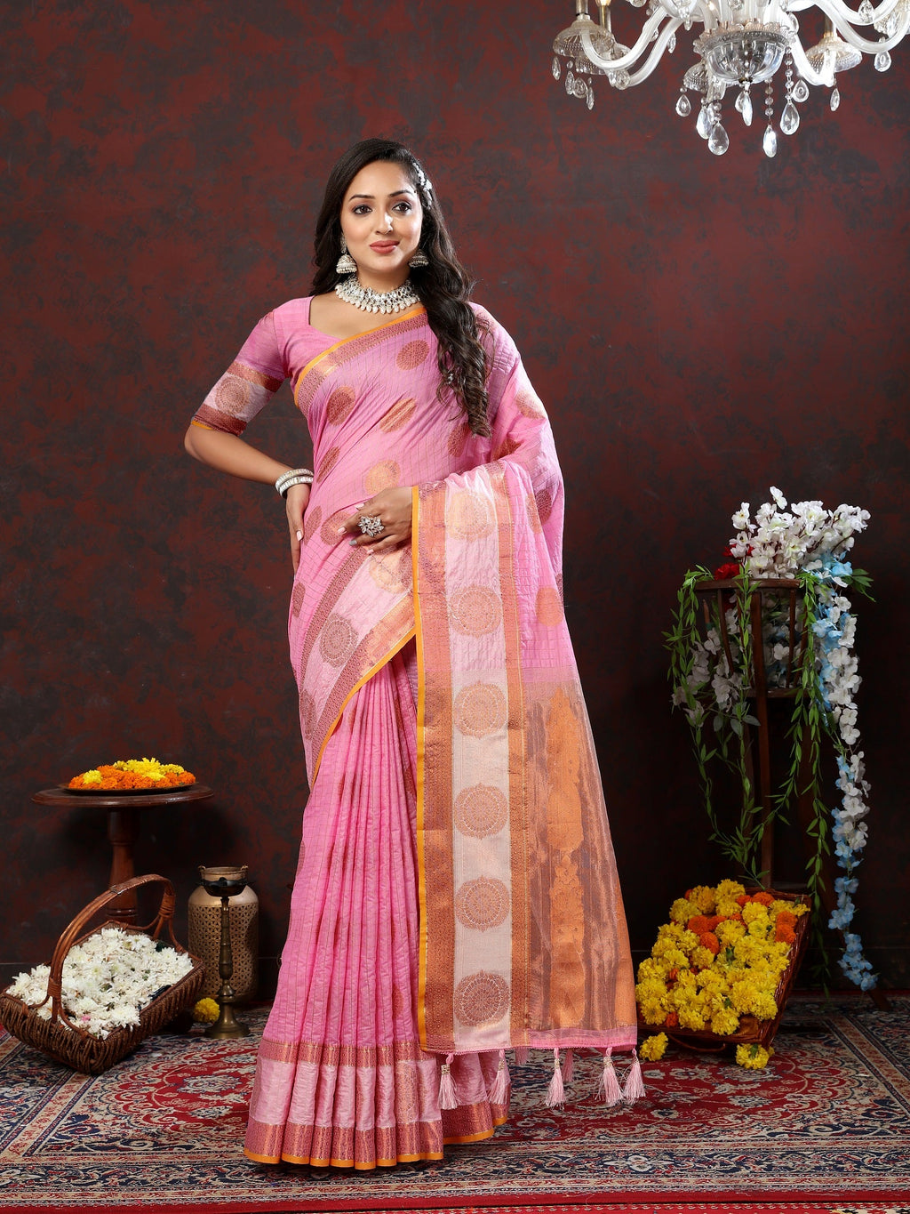 Vedant Vastram Pink Color Kanjeevaram Cotton Silk Saree - Pink