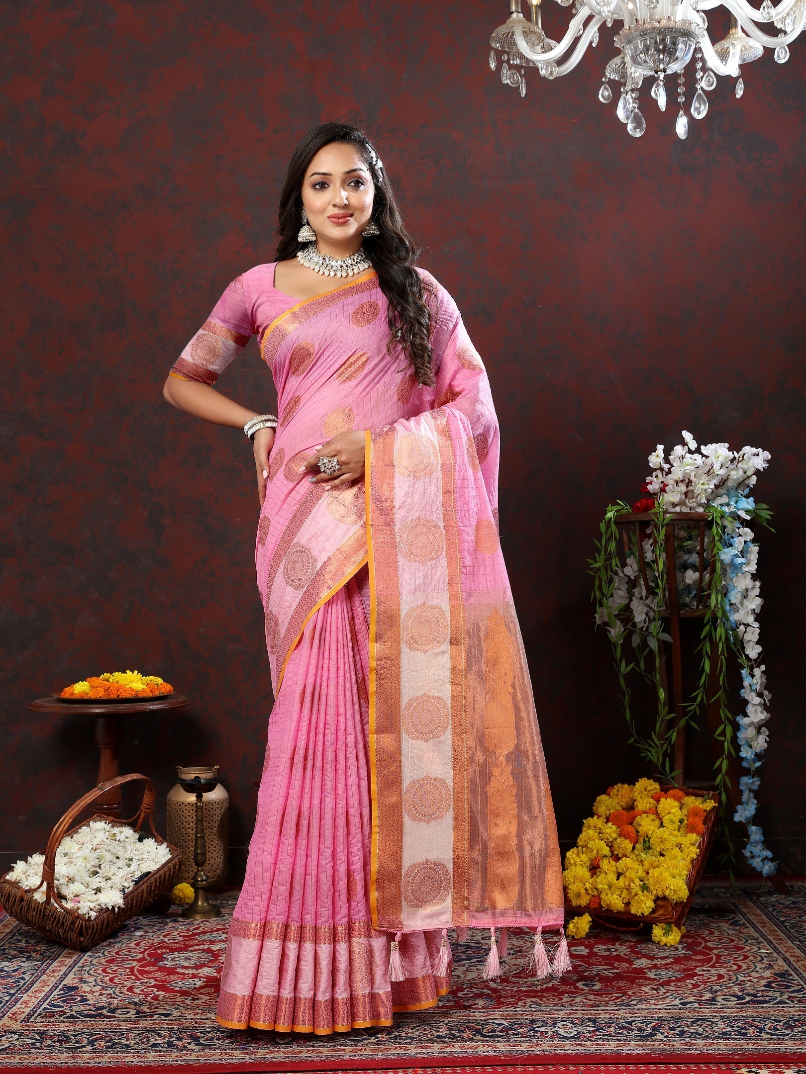 Vedant Vastram Pink Color Kanjeevaram Cotton Silk Saree - Pink