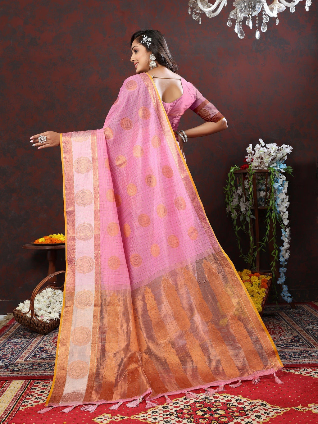 Vedant Vastram Pink Color Kanjeevaram Cotton Silk Saree - Pink