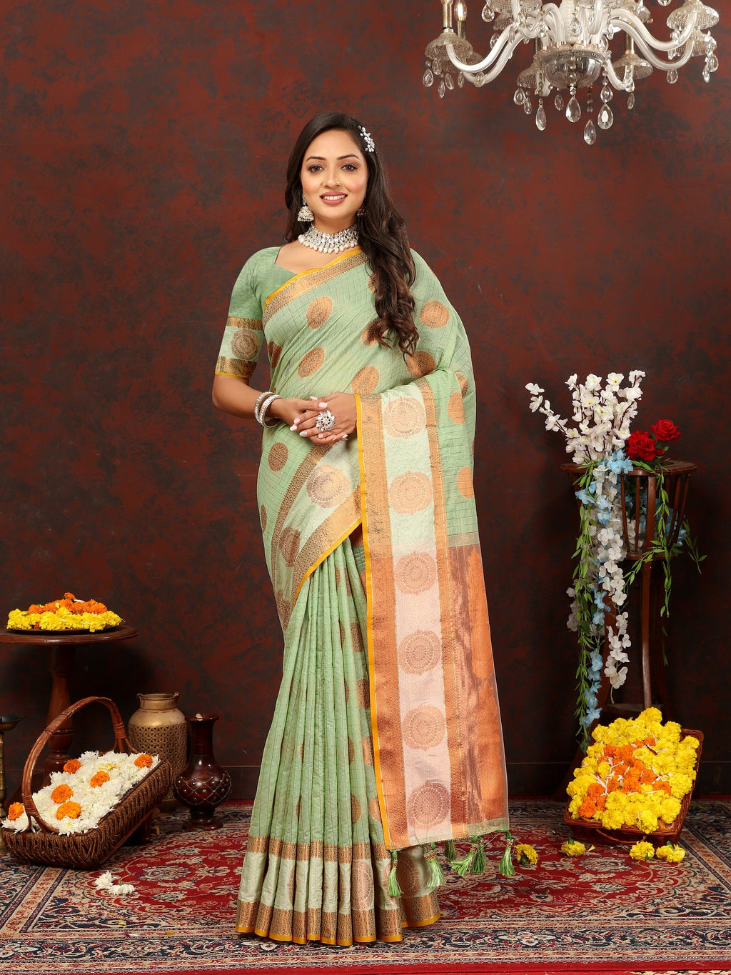 Vedant Vastram Pista Color Kanjeevaram Cotton Silk Saree - Pista