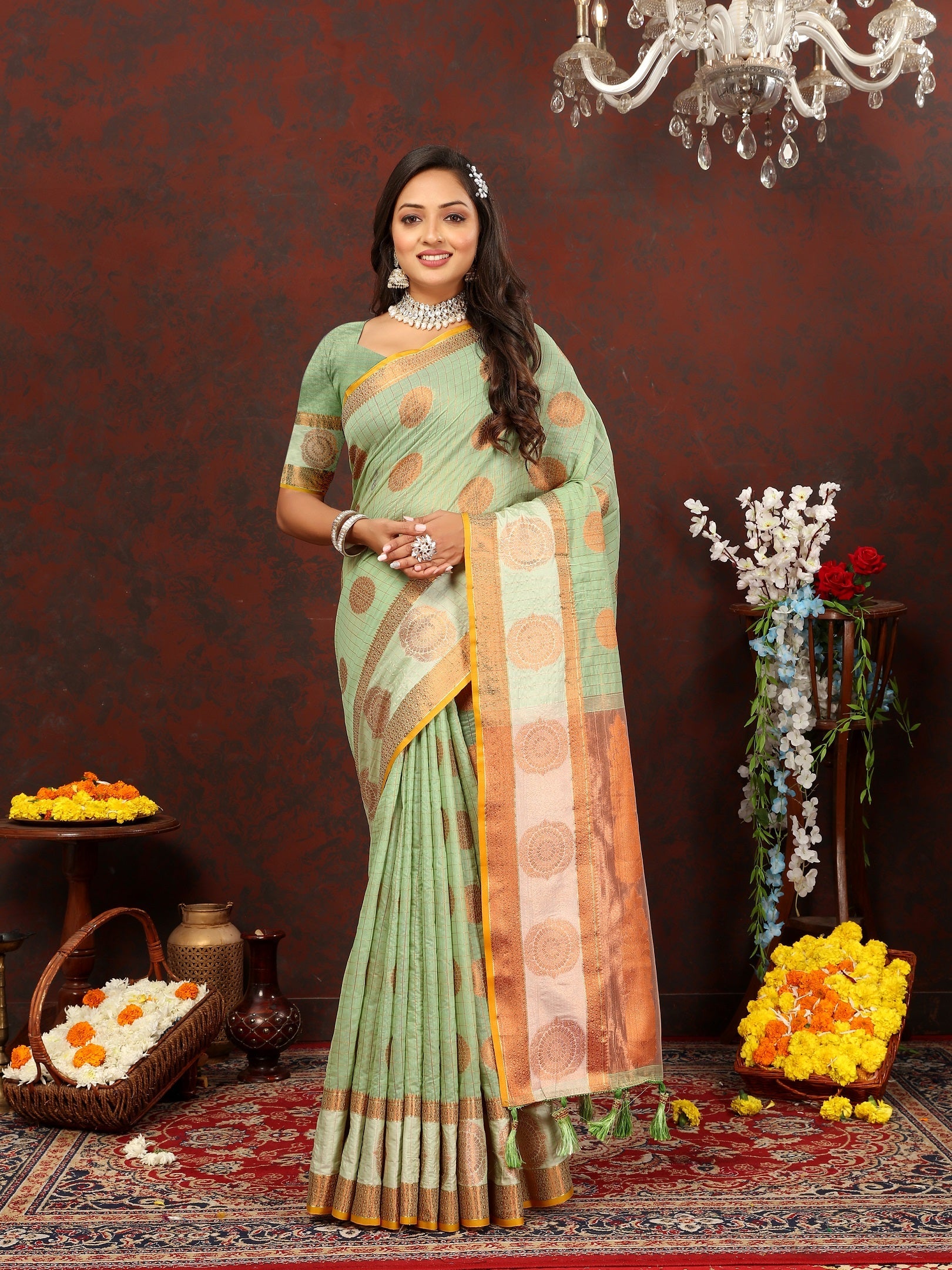 Vedant Vastram Pista Color Kanjeevaram Cotton Silk Saree - Pista
