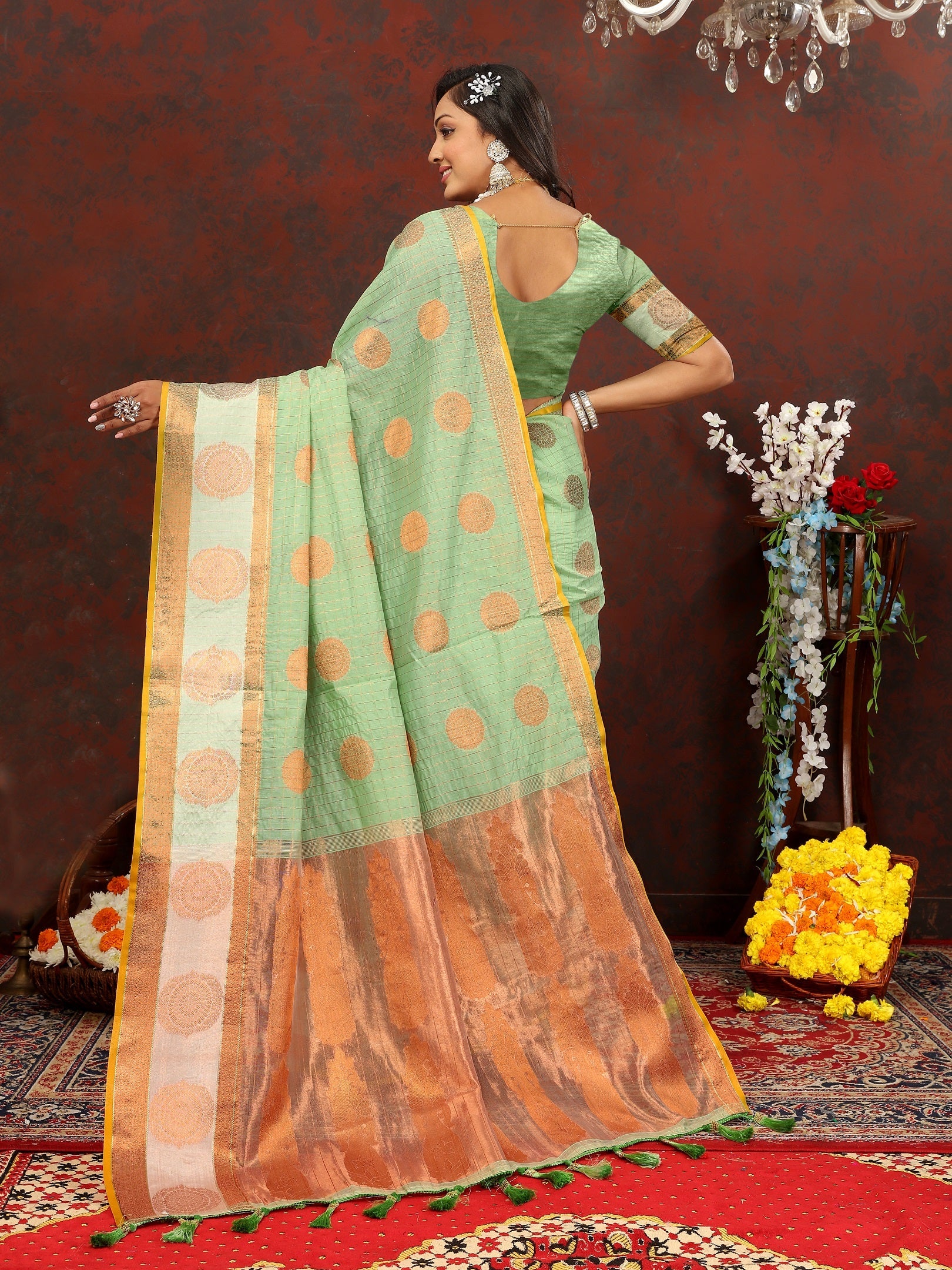 Vedant Vastram Pista Color Kanjeevaram Cotton Silk Saree - Pista