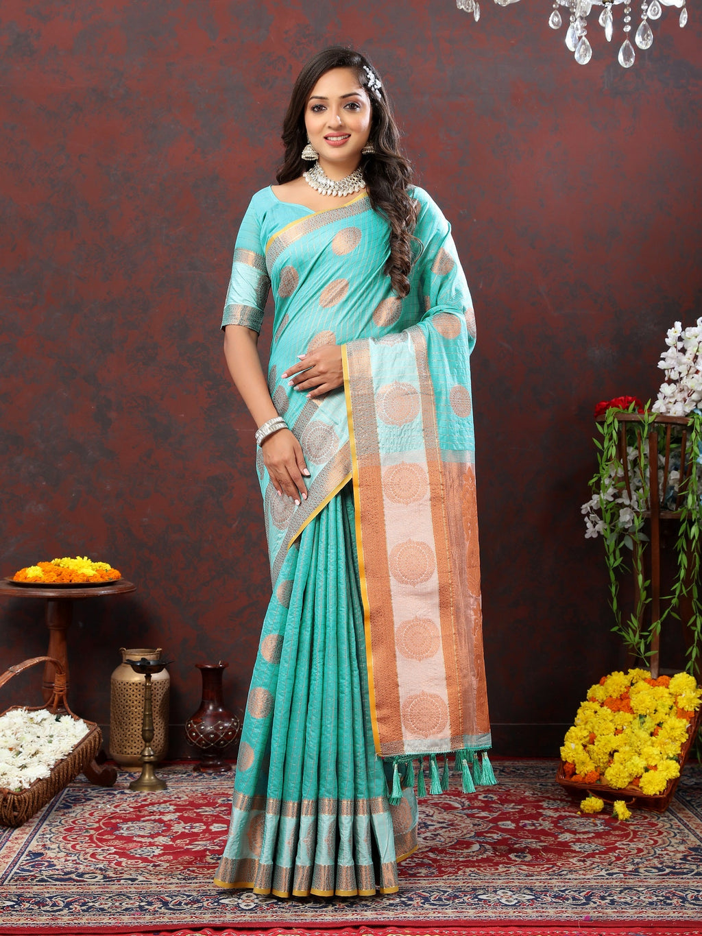 Vedant Vastram Turquoise Color Kanjeevaram Cotton Silk Saree - Turquoise