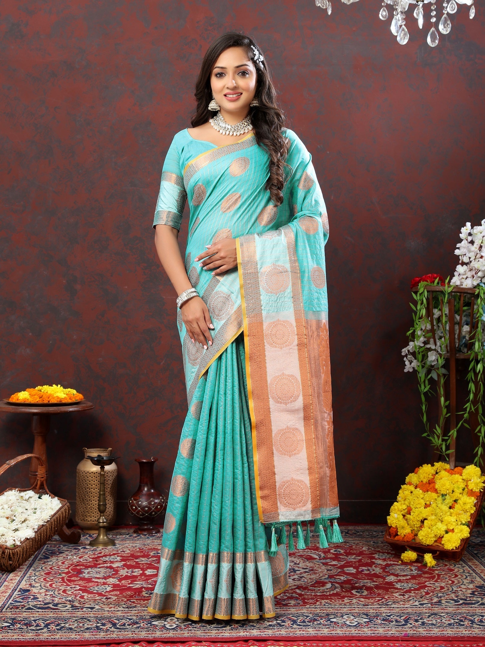 Vedant Vastram Turquoise Color Kanjeevaram Cotton Silk Saree - Turquoise