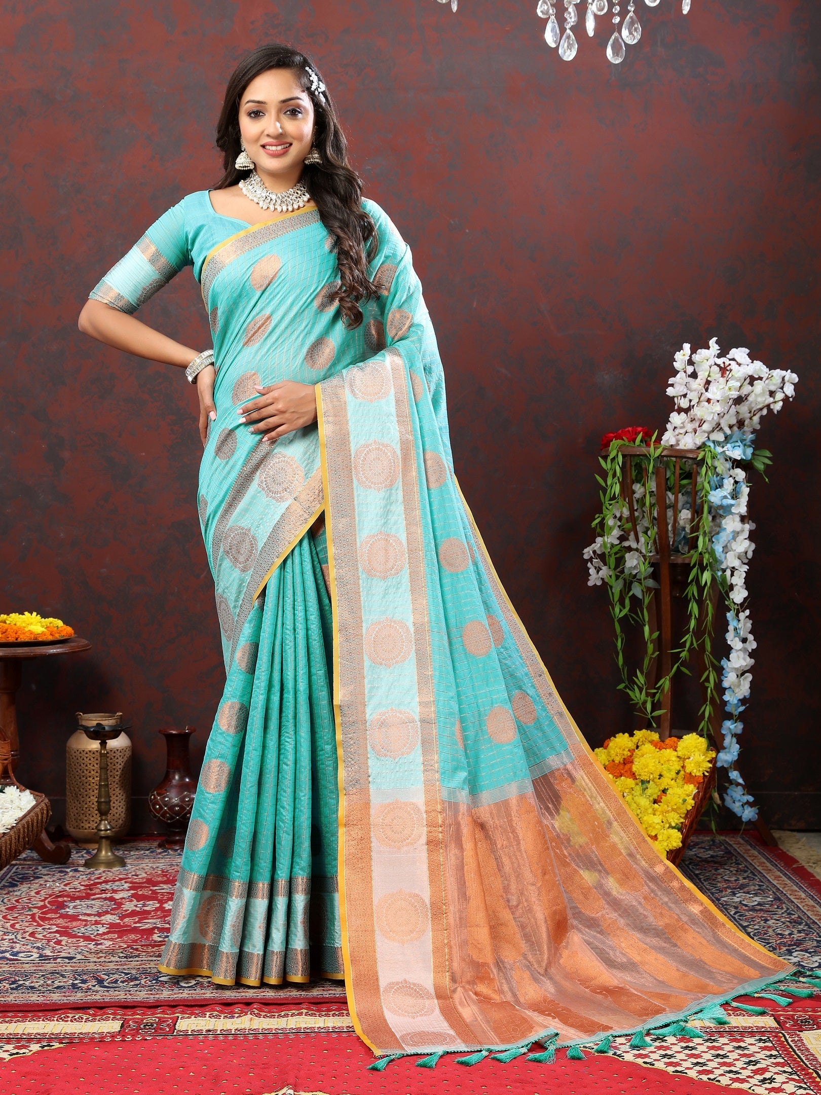 Vedant Vastram Turquoise Color Kanjeevaram Cotton Silk Saree - Turquoise