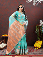 Vedant Vastram Turquoise Color Kanjeevaram Cotton Silk Saree - Turquoise