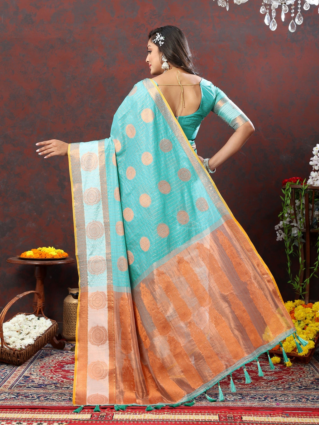 Vedant Vastram Turquoise Color Kanjeevaram Cotton Silk Saree - Turquoise