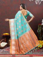 Vedant Vastram Turquoise Color Kanjeevaram Cotton Silk Saree - Turquoise