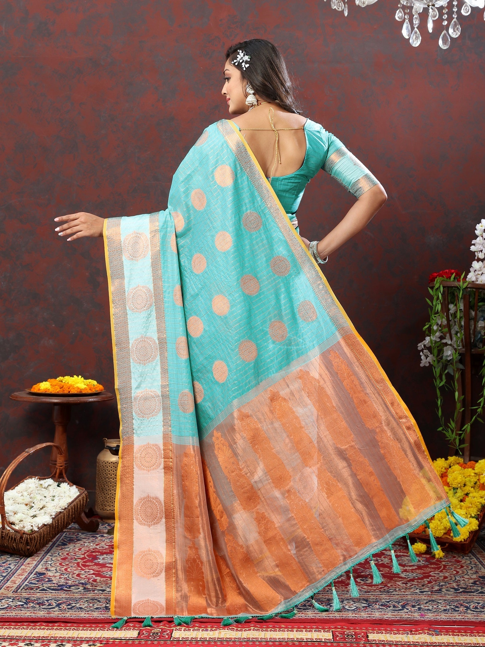 Vedant Vastram Turquoise Color Kanjeevaram Cotton Silk Saree - Turquoise