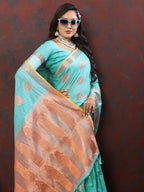 Vedant Vastram Turquoise Color Kanjeevaram Cotton Silk Saree - Turquoise
