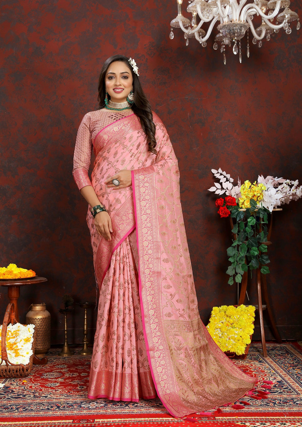 Vedant Vastram Baby Pink Color Banarasi Silk Saree - Baby Pink