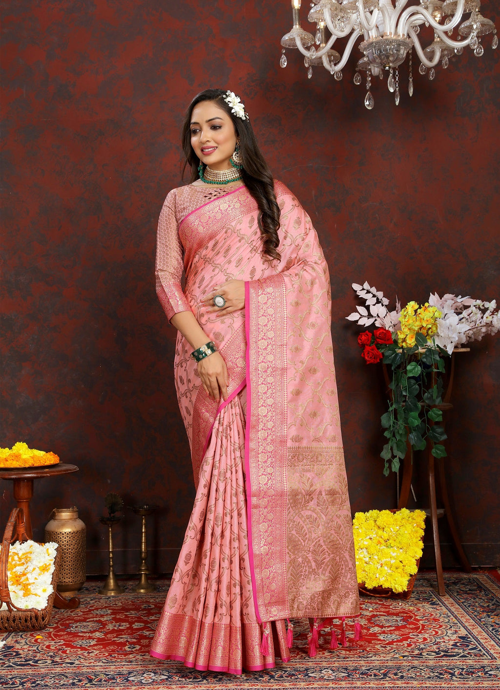 Vedant Vastram Baby Pink Color Banarasi Silk Saree - Baby Pink