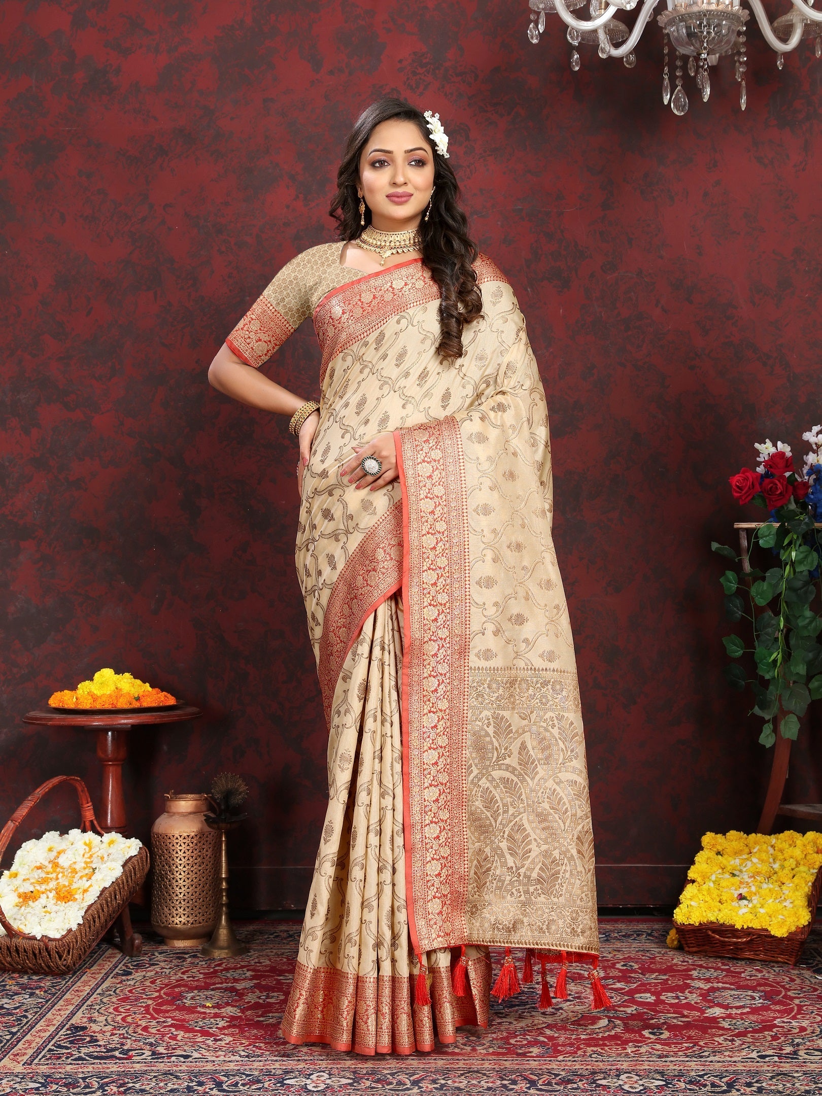 Vedant Vastram Beige Color Banarasi Silk Saree - Beige