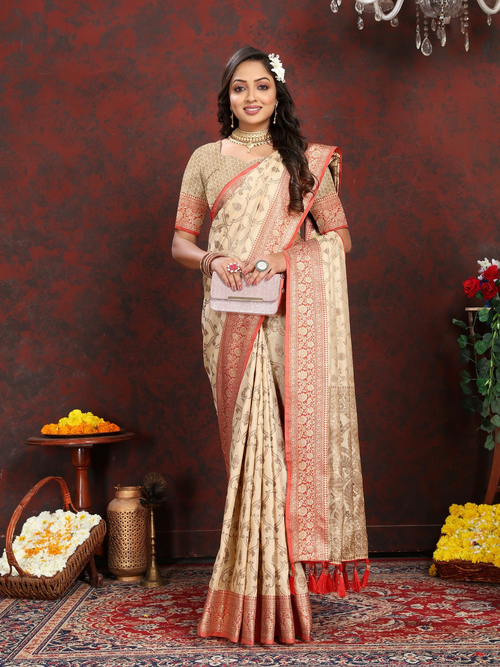 Vedant Vastram Beige Color Banarasi Silk Saree - Beige