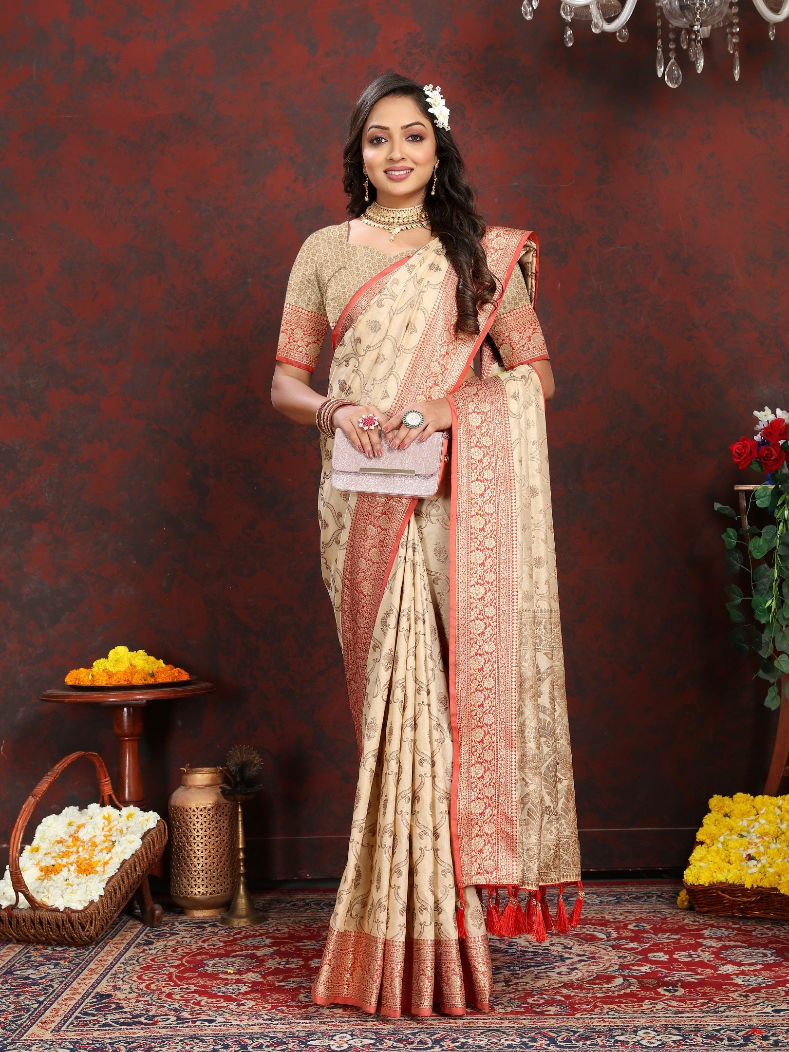Vedant Vastram Beige Color Banarasi Silk Saree - Beige