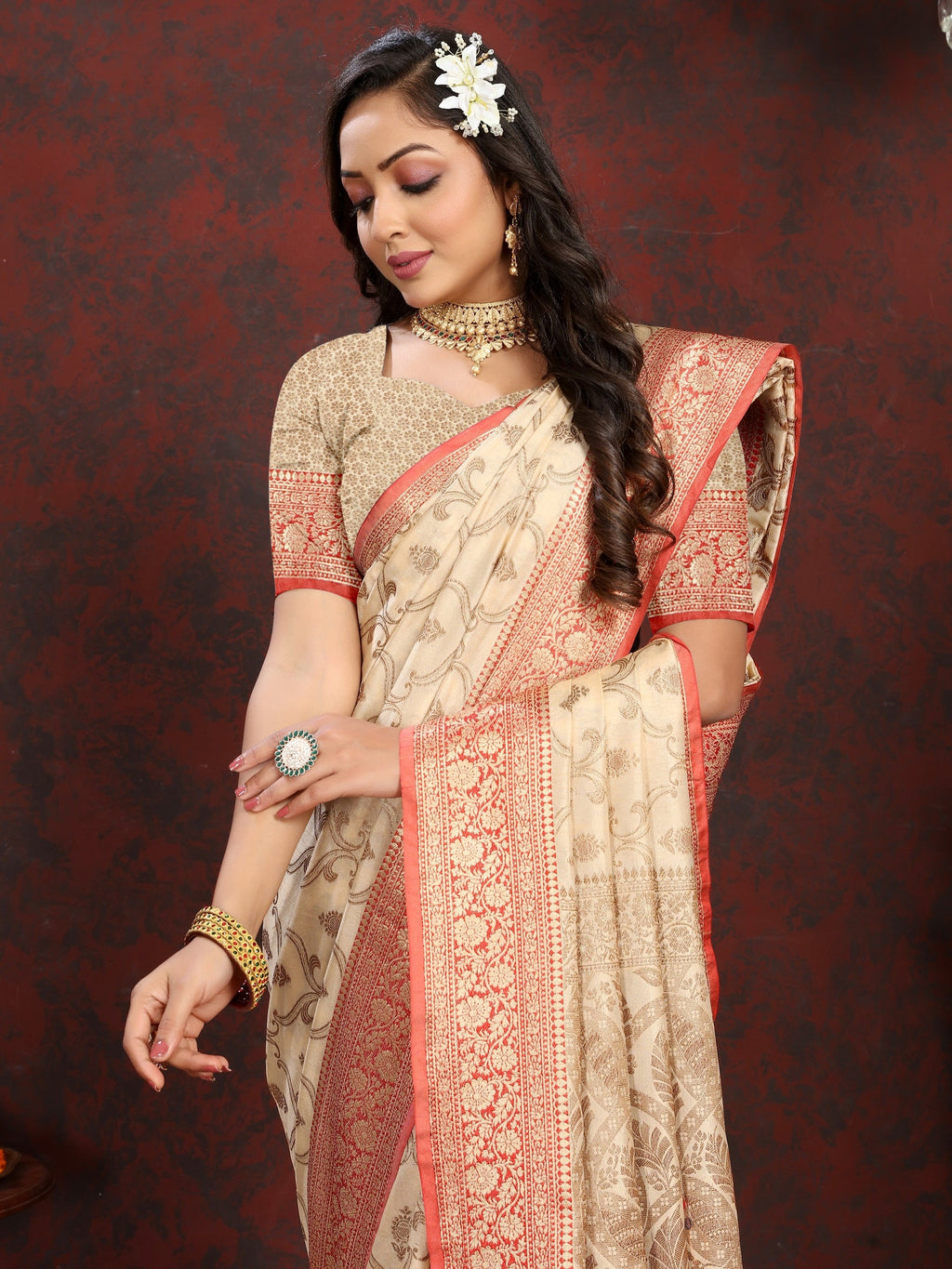 Vedant Vastram Beige Color Banarasi Silk Saree - Beige